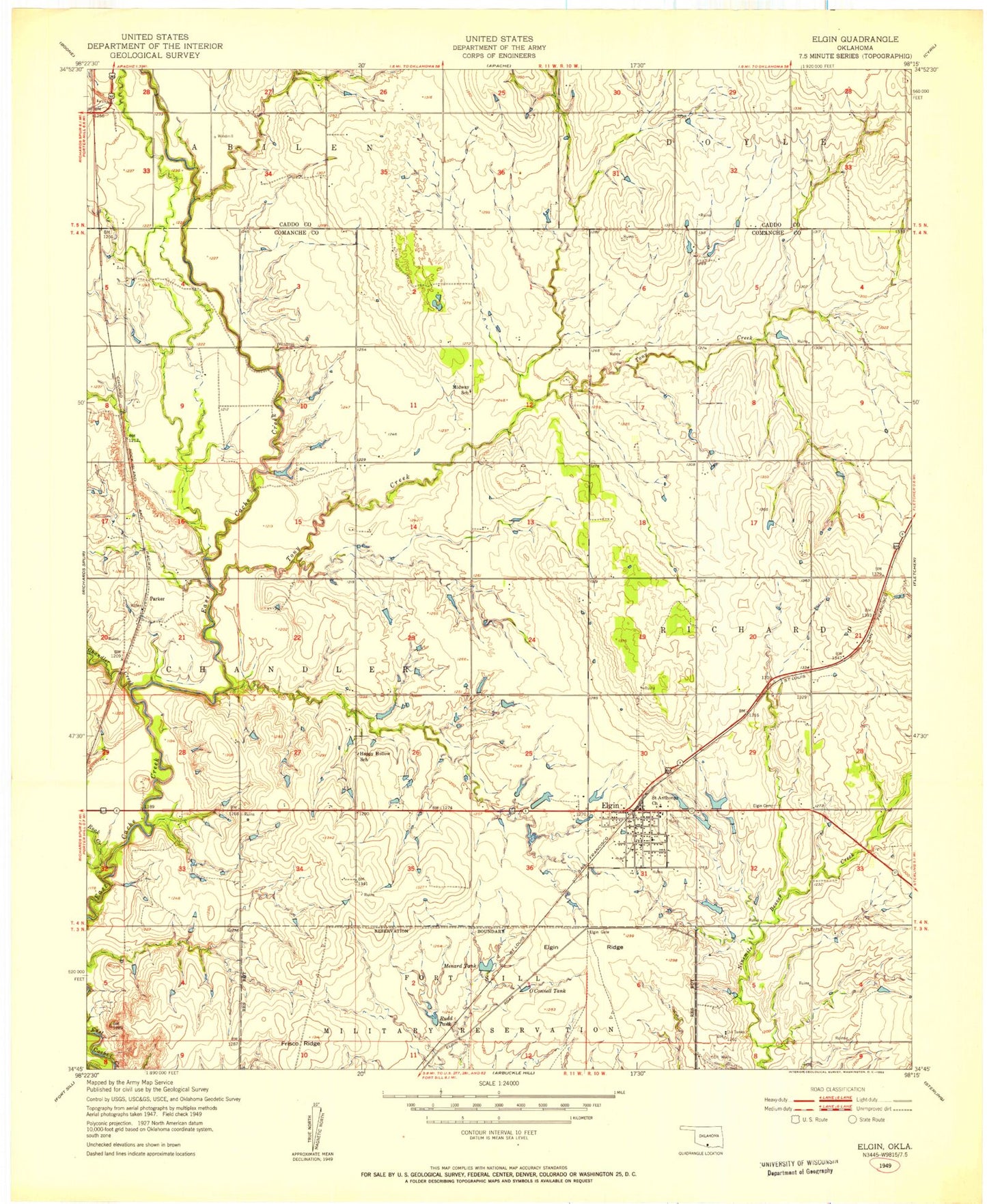 Classic USGS Elgin Oklahoma 7.5'x7.5' Topo Map Image