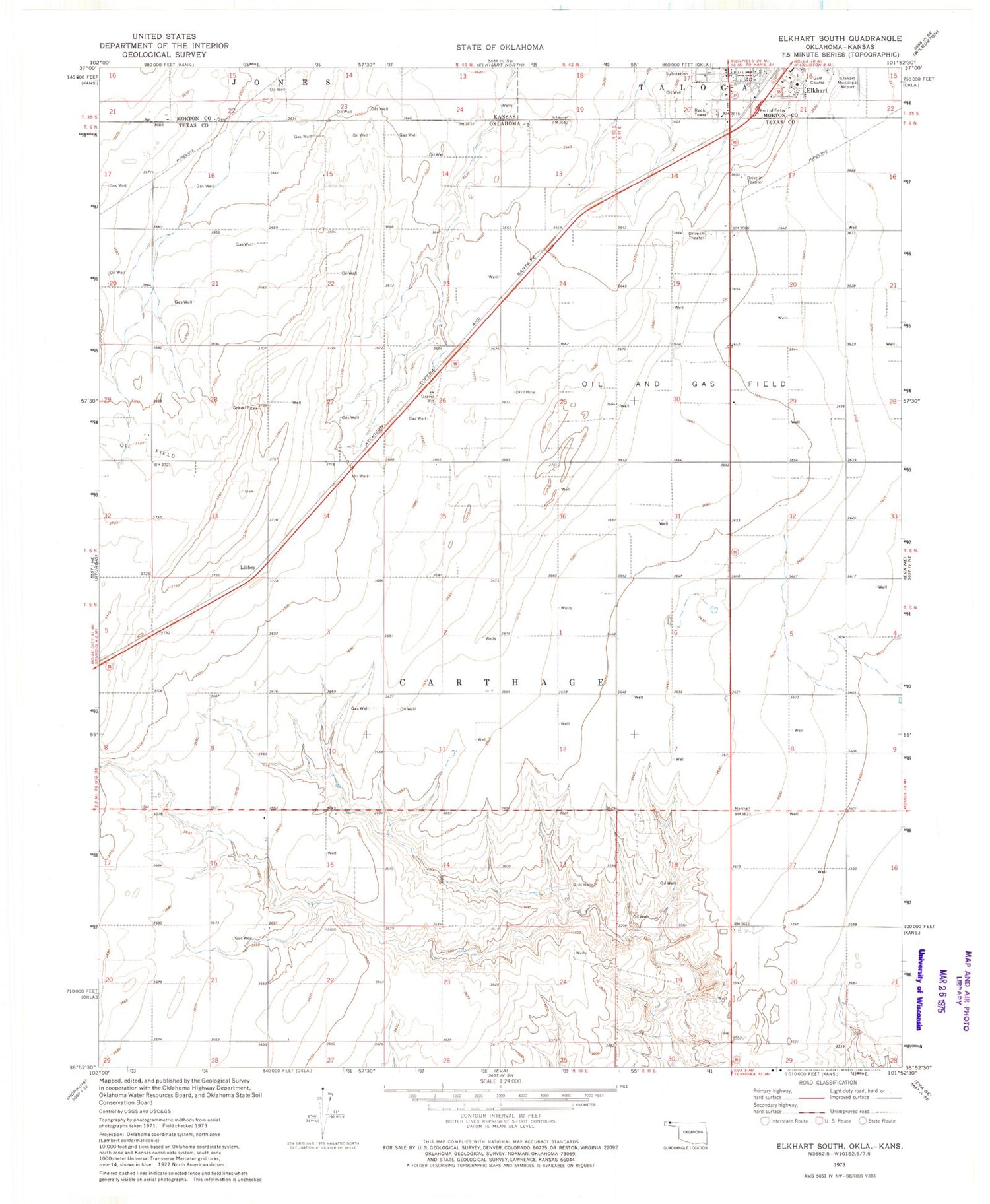 Classic USGS Elkhart South Kansas 7.5'x7.5' Topo Map Image