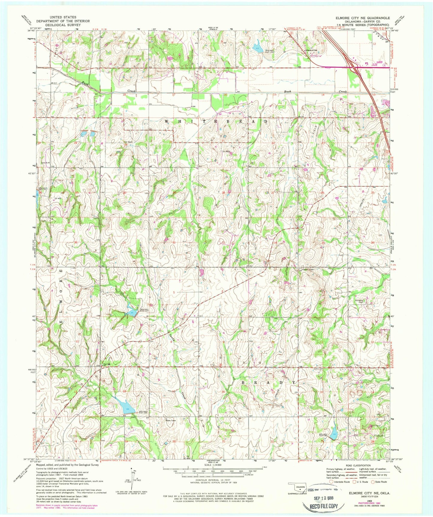 Classic USGS Elmore City NE Oklahoma 7.5'x7.5' Topo Map Image