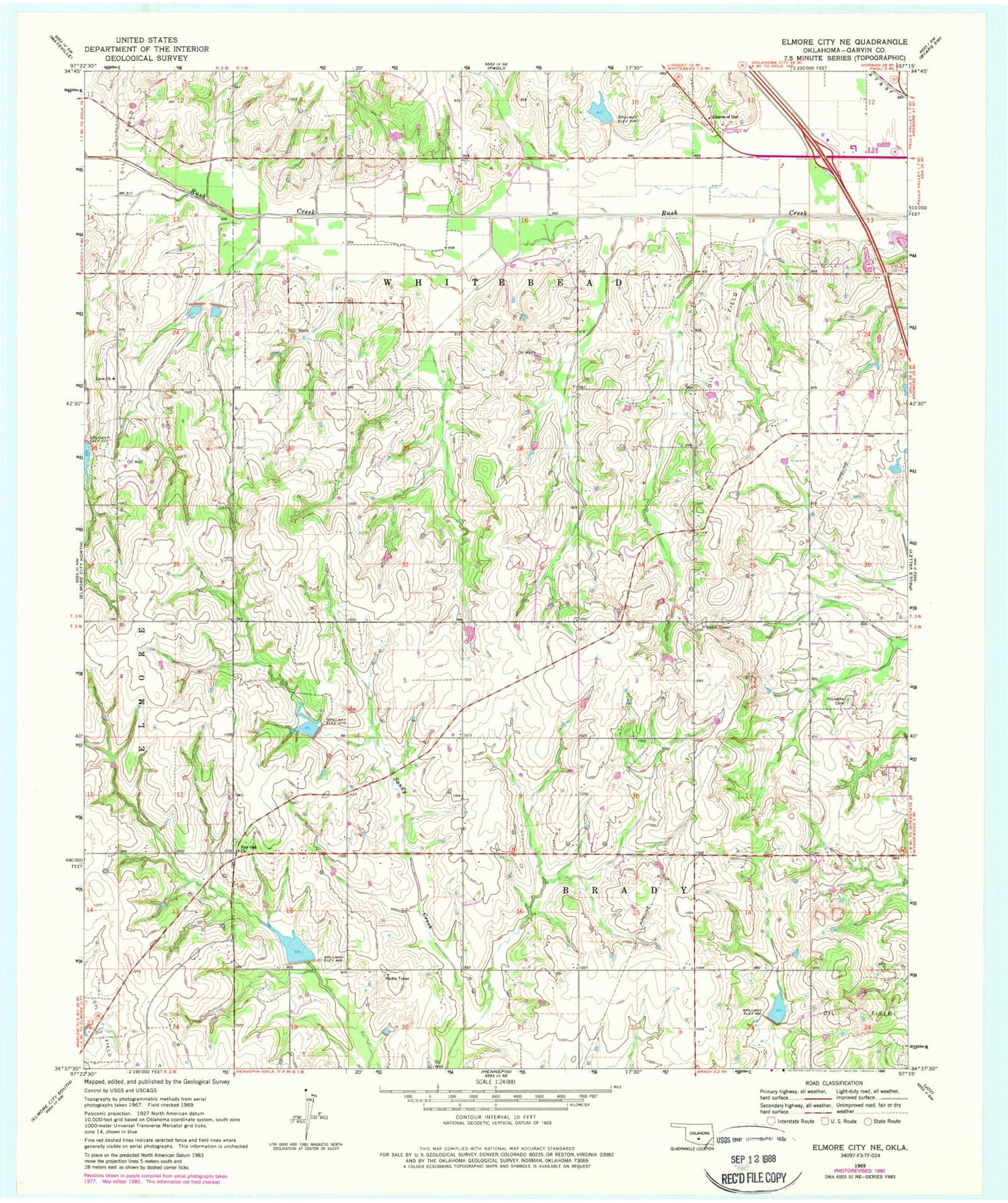 Classic USGS Elmore City NE Oklahoma 7.5'x7.5' Topo Map Image