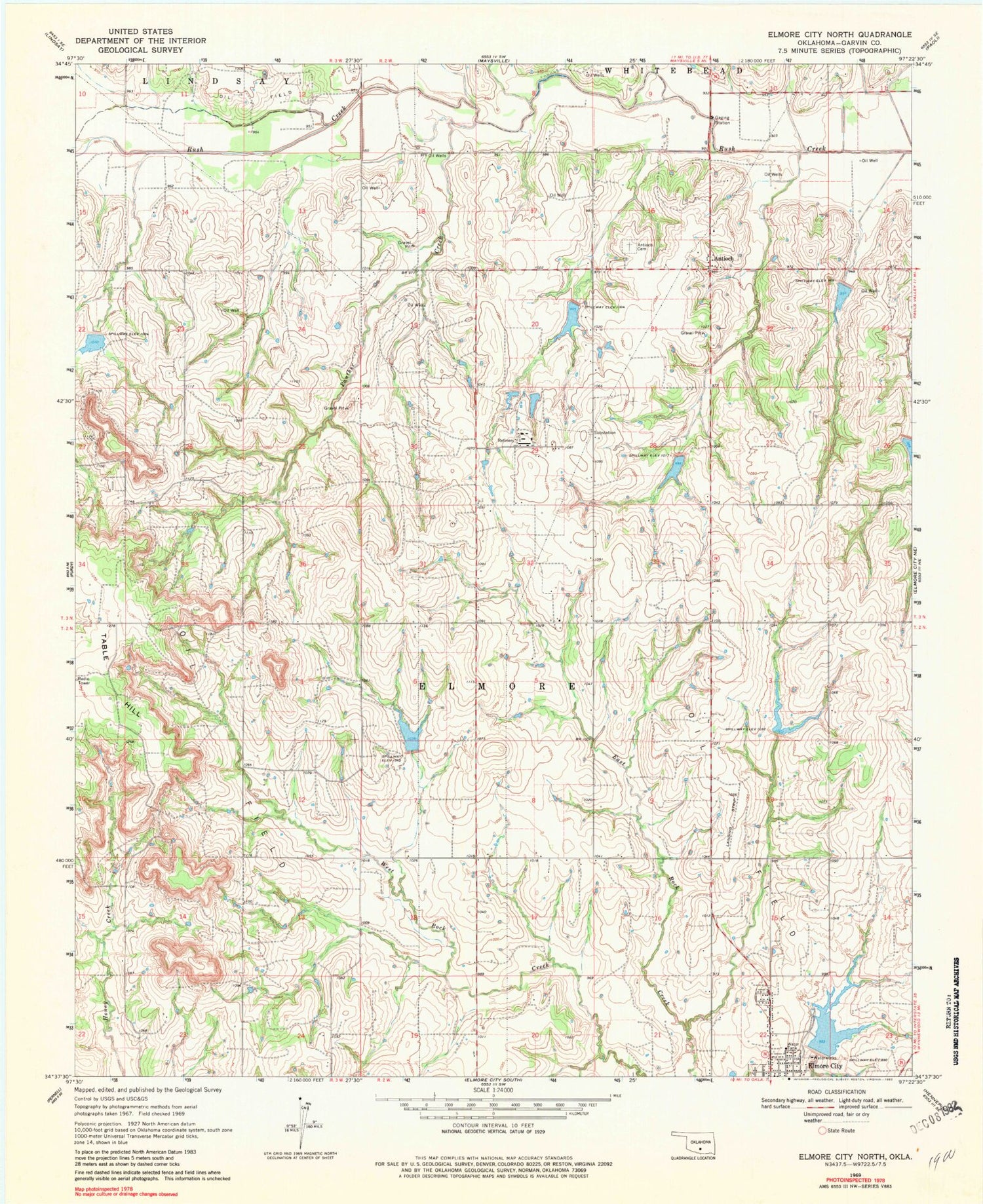 Classic USGS Elmore City North Oklahoma 7.5'x7.5' Topo Map Image