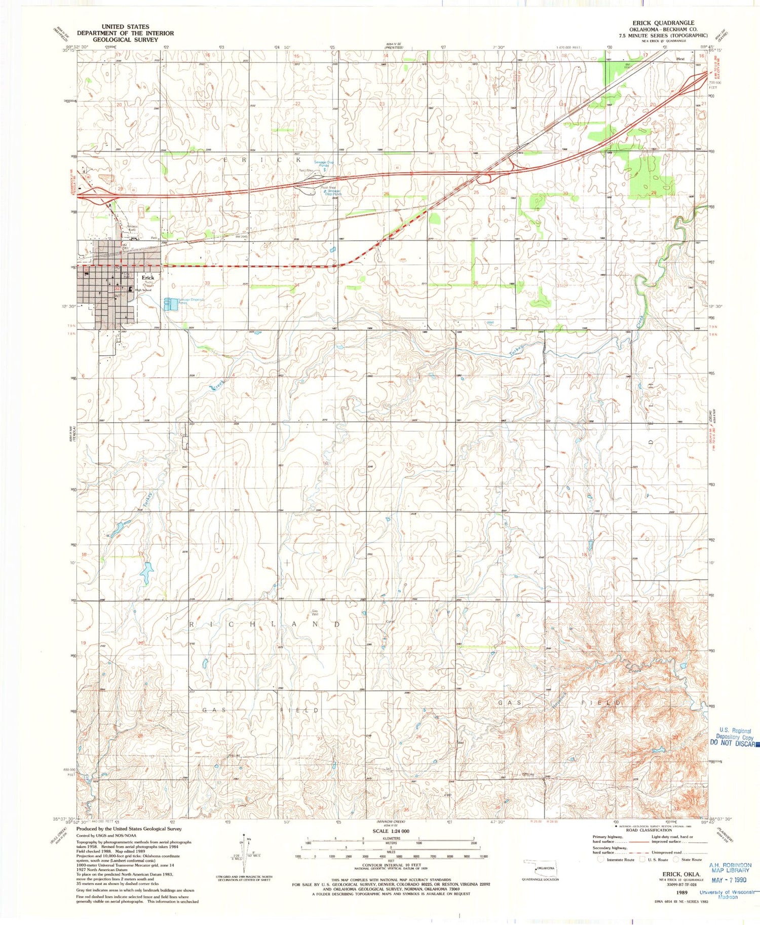 Classic USGS Erick Oklahoma 7.5'x7.5' Topo Map Image