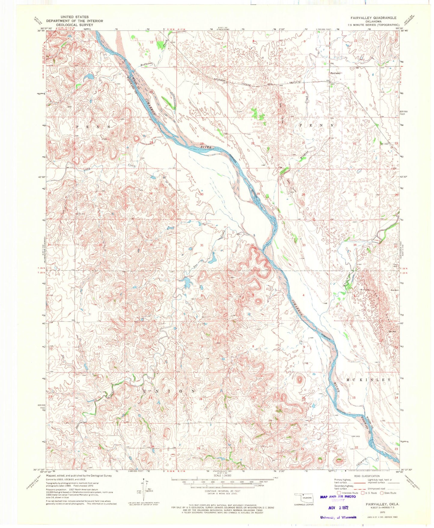 Classic USGS Fairvalley Oklahoma 7.5'x7.5' Topo Map Image