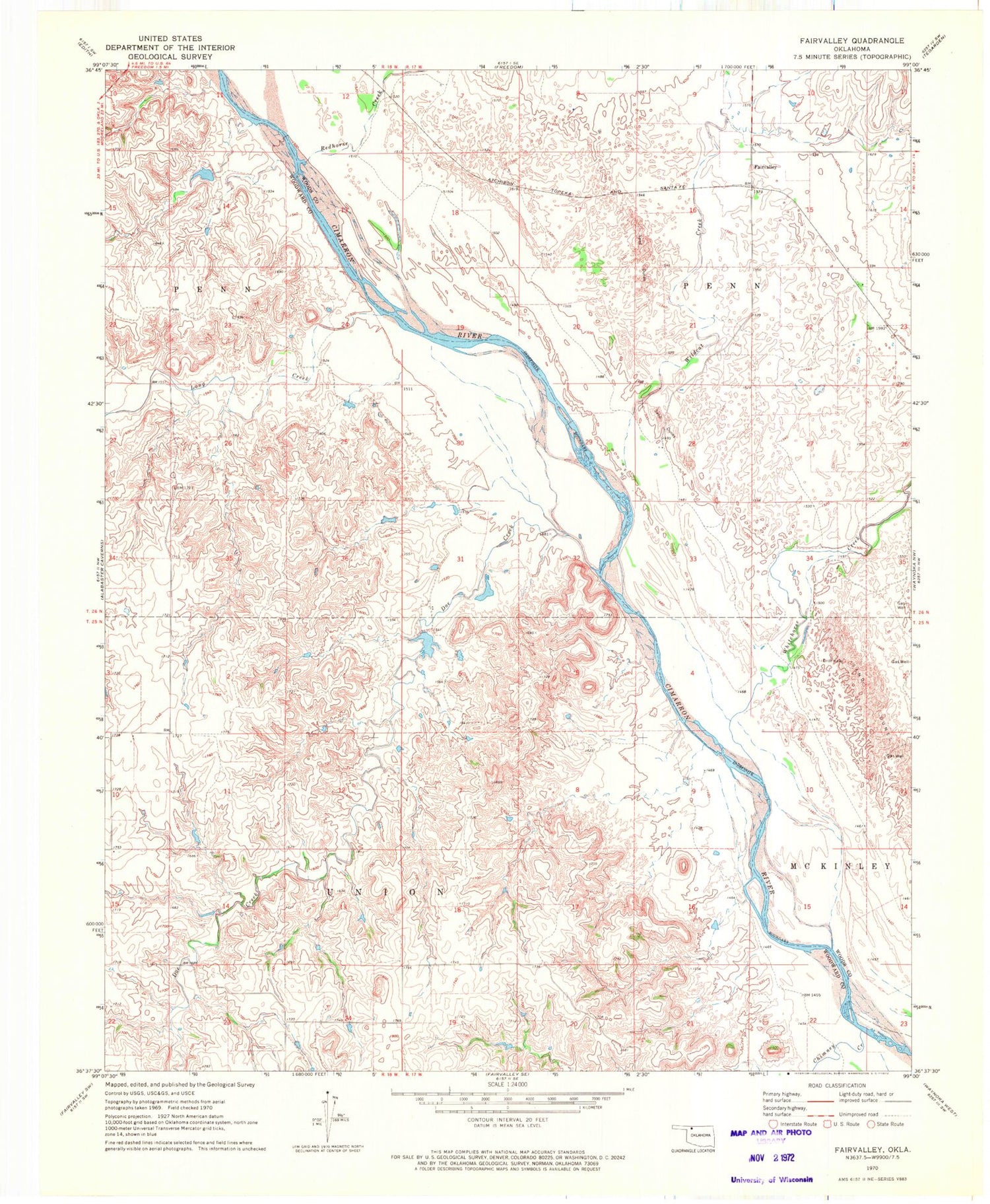 Classic USGS Fairvalley Oklahoma 7.5'x7.5' Topo Map Image