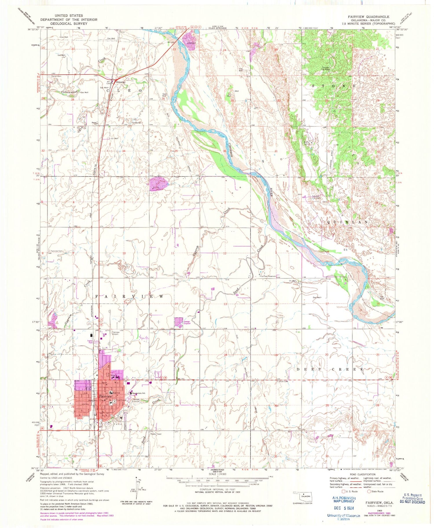 Classic USGS Fairview Oklahoma 7.5'x7.5' Topo Map Image