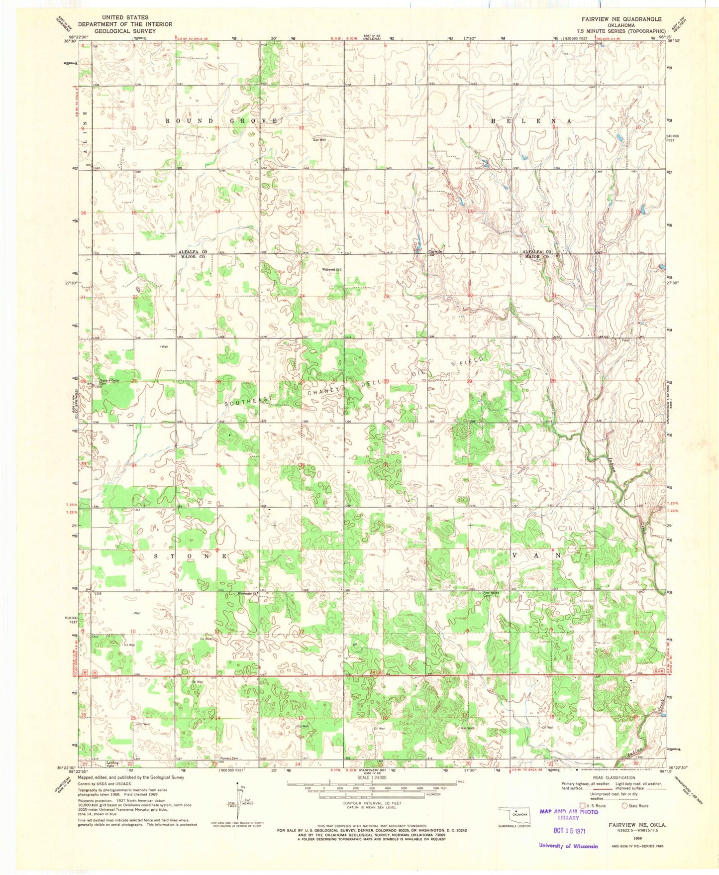 Classic USGS Fairview NE Oklahoma 7.5'x7.5' Topo Map Image