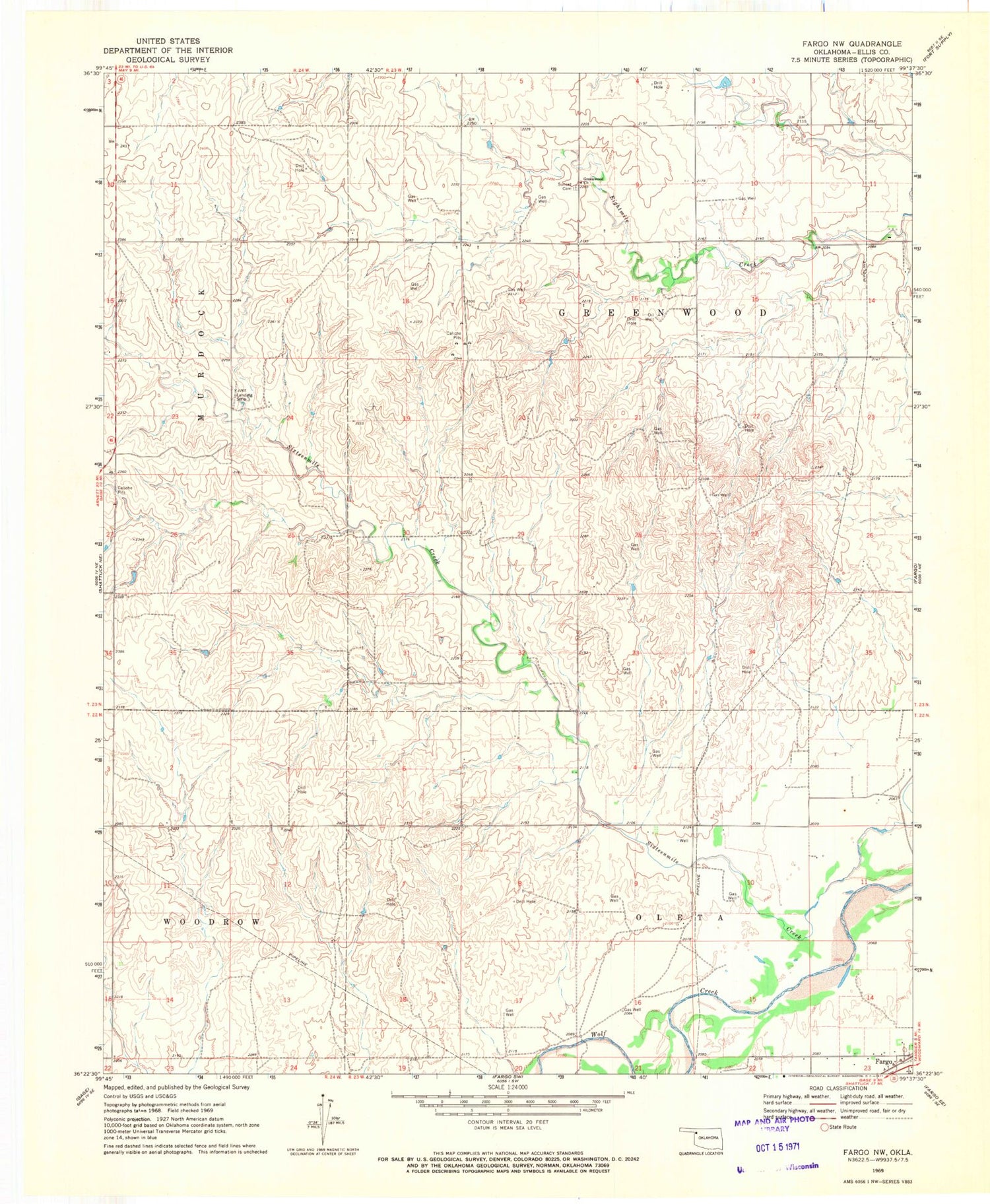 Classic USGS Fargo NW Oklahoma 7.5'x7.5' Topo Map Image