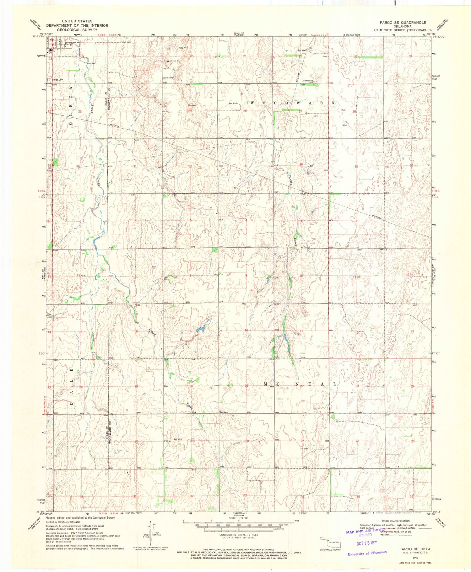 Classic USGS Fargo SE Oklahoma 7.5'x7.5' Topo Map Image