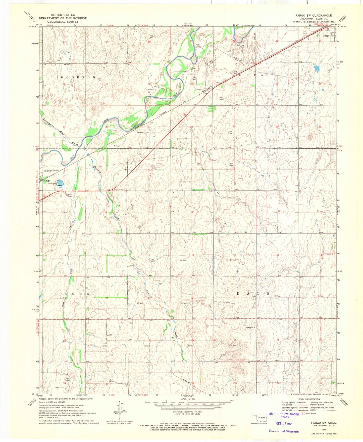 Classic USGS Fargo SW Oklahoma 7.5'x7.5' Topo Map Image