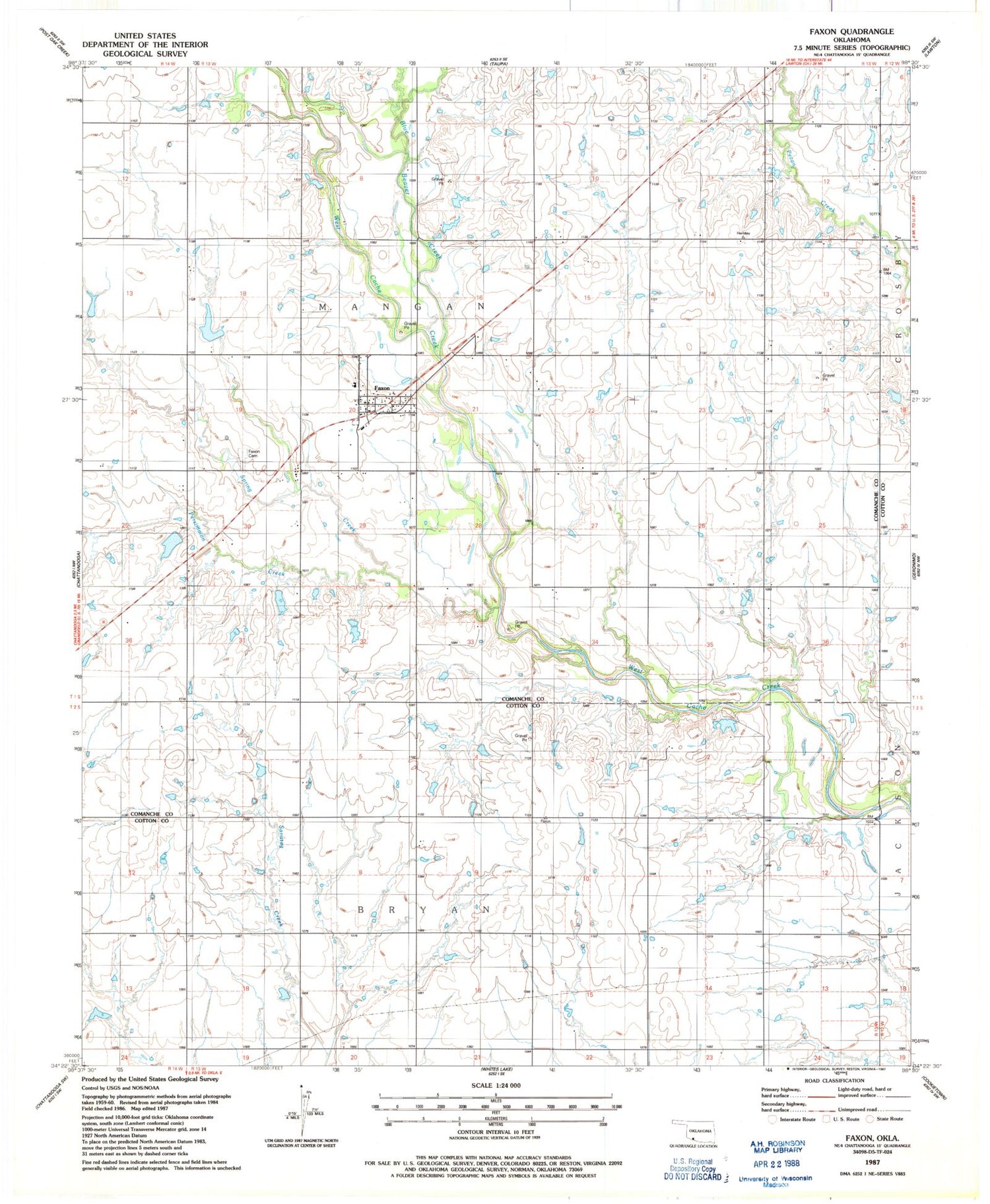 Classic USGS Faxon Oklahoma 7.5'x7.5' Topo Map Image