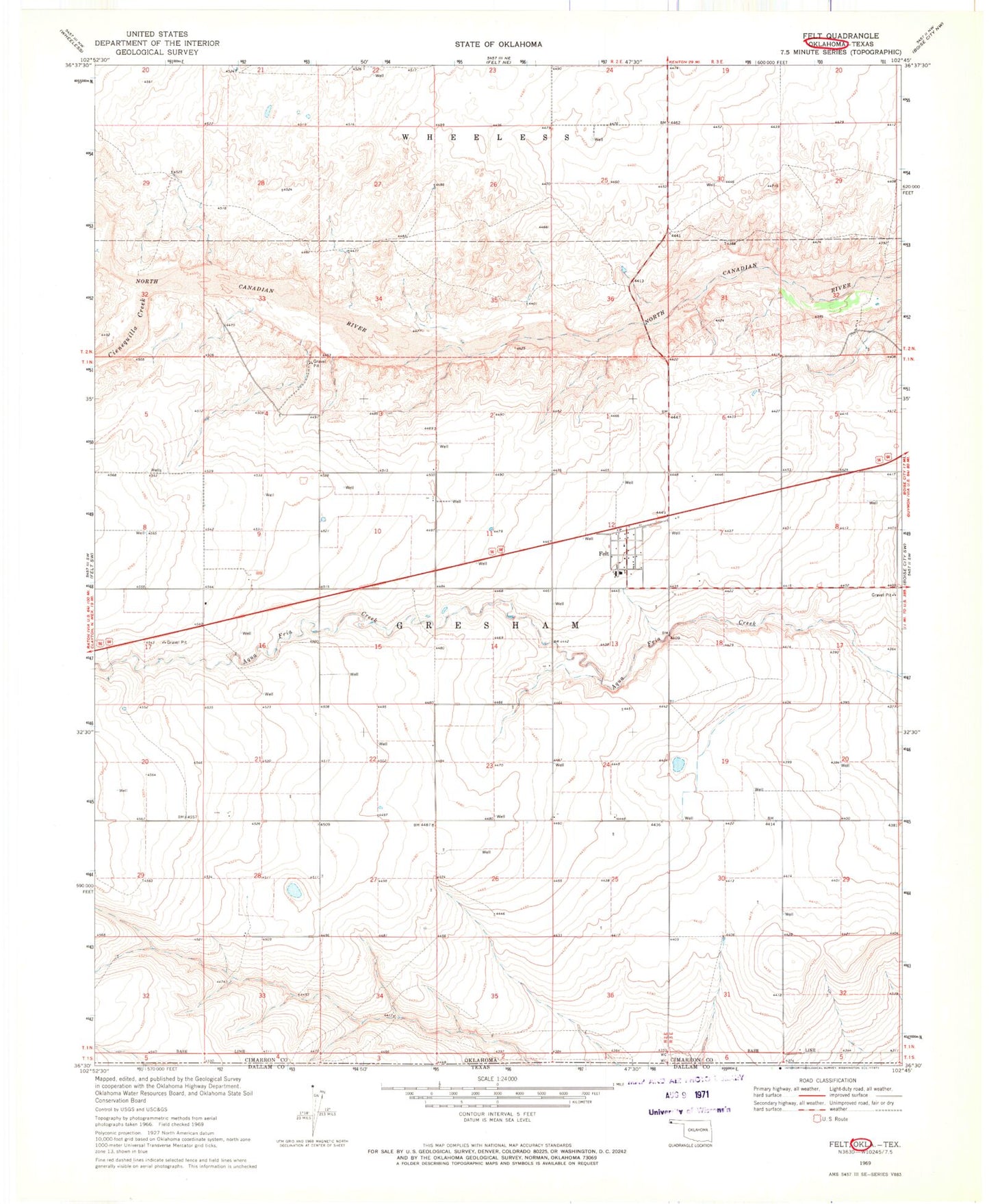 Classic USGS Felt Oklahoma 7.5'x7.5' Topo Map Image