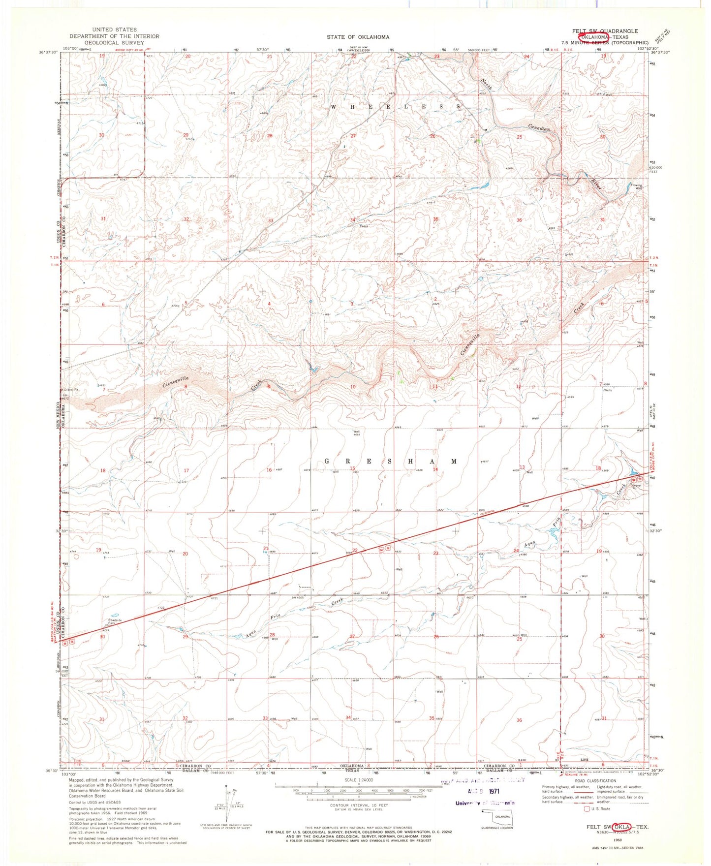 Classic USGS Felt SW Oklahoma 7.5'x7.5' Topo Map Image