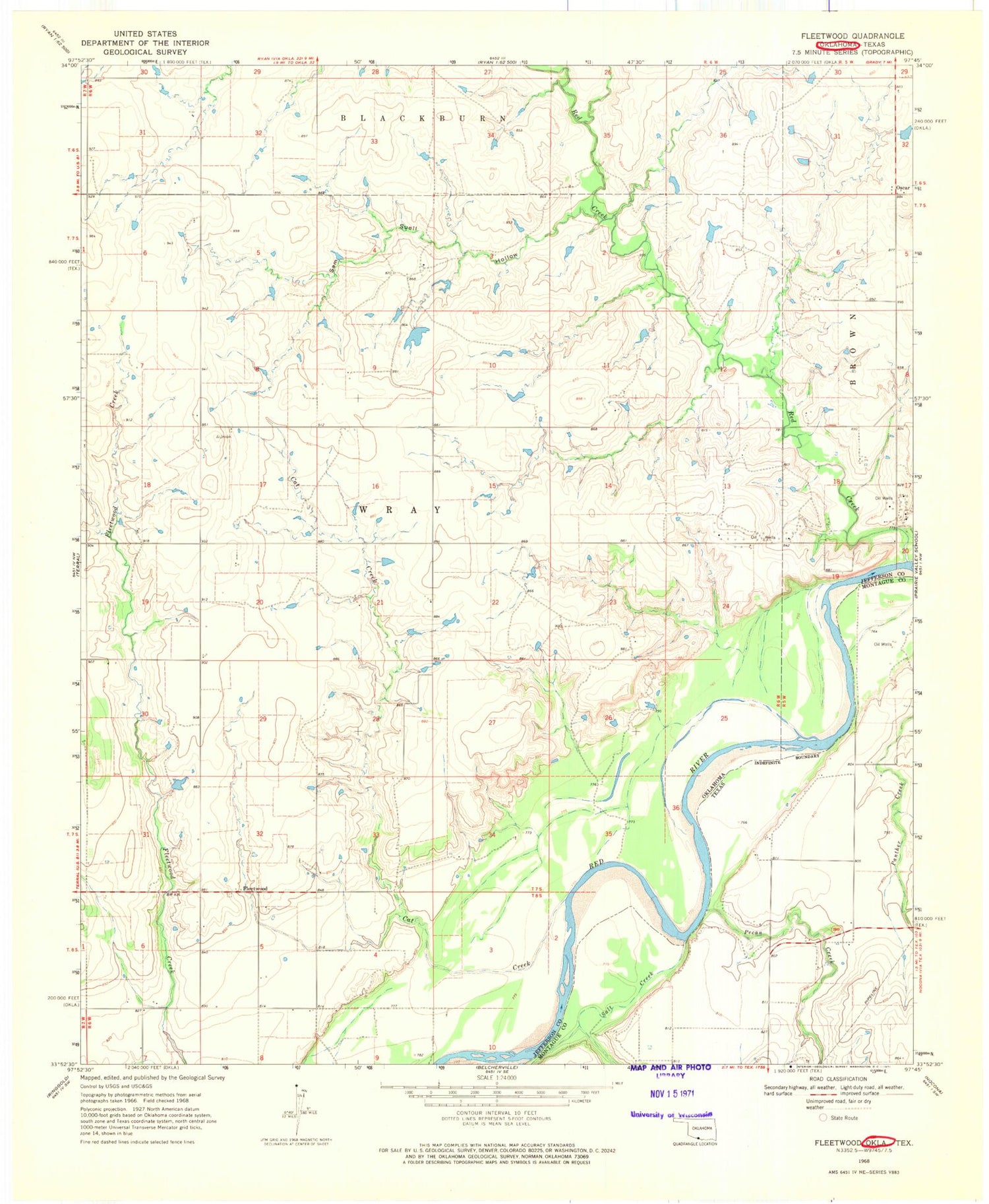 Classic USGS Fleetwood Oklahoma 7.5'x7.5' Topo Map Image