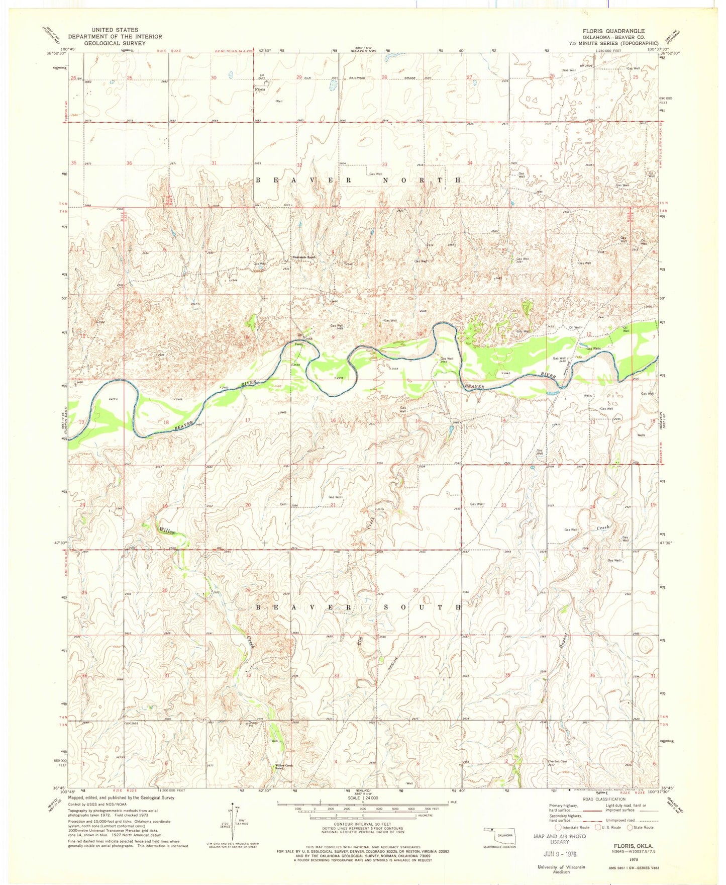 Classic USGS Floris Oklahoma 7.5'x7.5' Topo Map Image