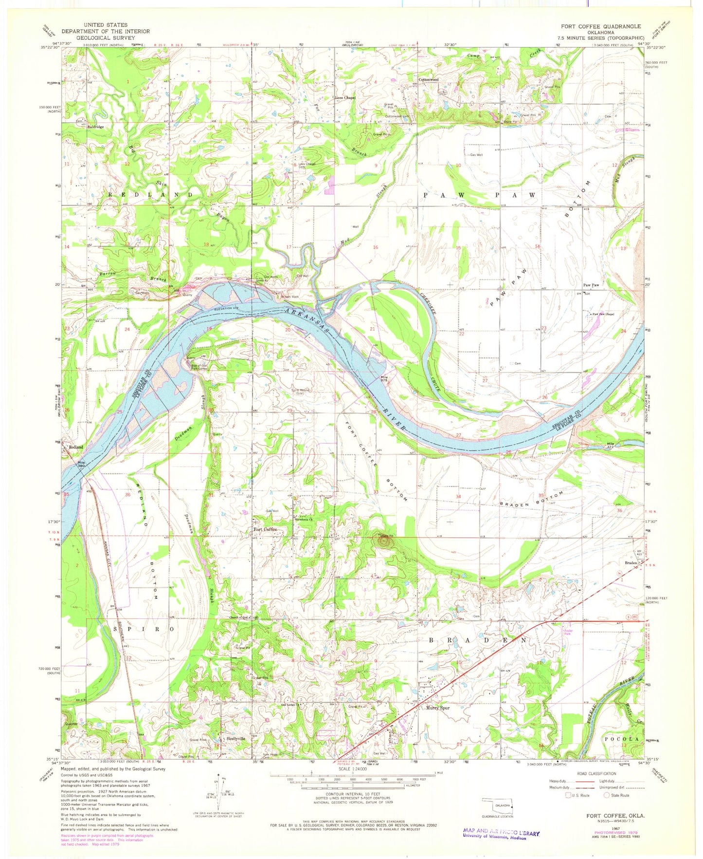 Classic USGS Fort Coffee Oklahoma 7.5'x7.5' Topo Map Image
