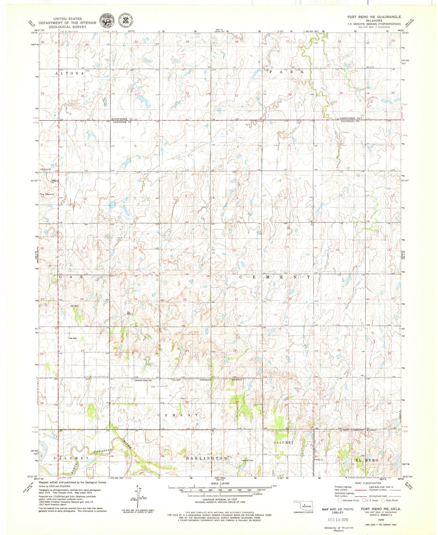 Classic USGS Fort Reno NE Oklahoma 7.5'x7.5' Topo Map Image