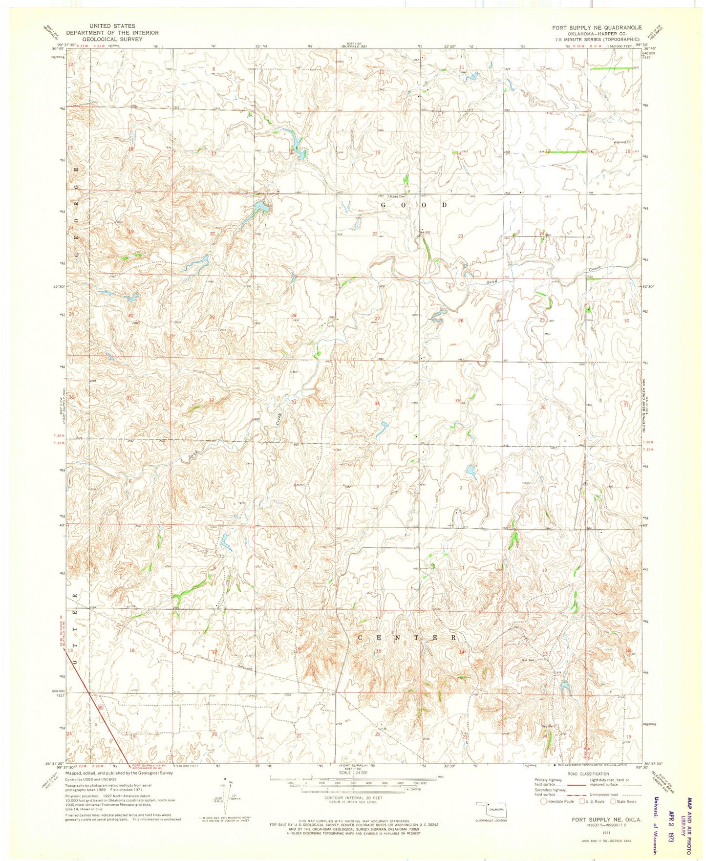 Classic USGS Fort Supply NE Oklahoma 7.5'x7.5' Topo Map Image