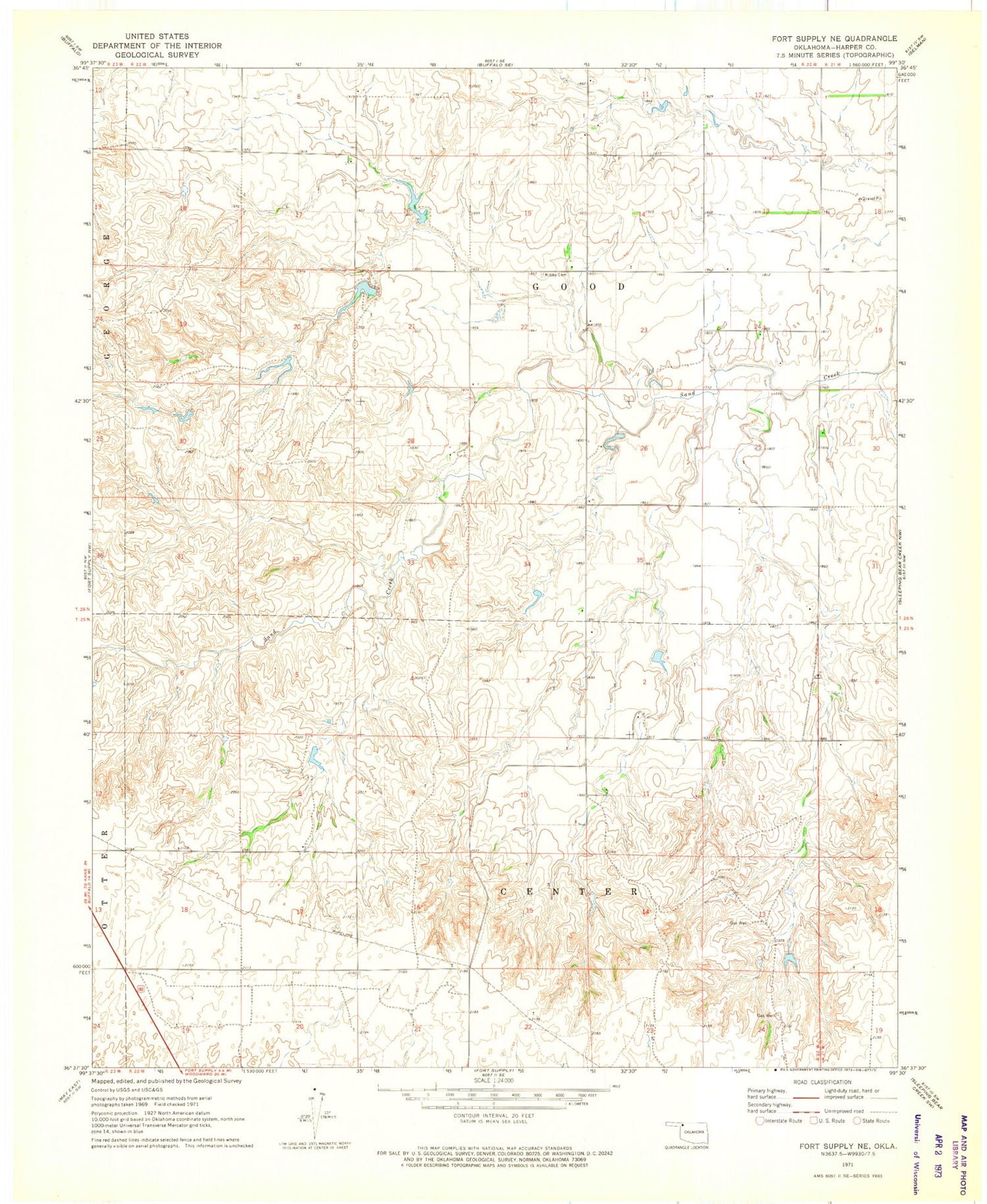 Classic USGS Fort Supply NE Oklahoma 7.5'x7.5' Topo Map Image