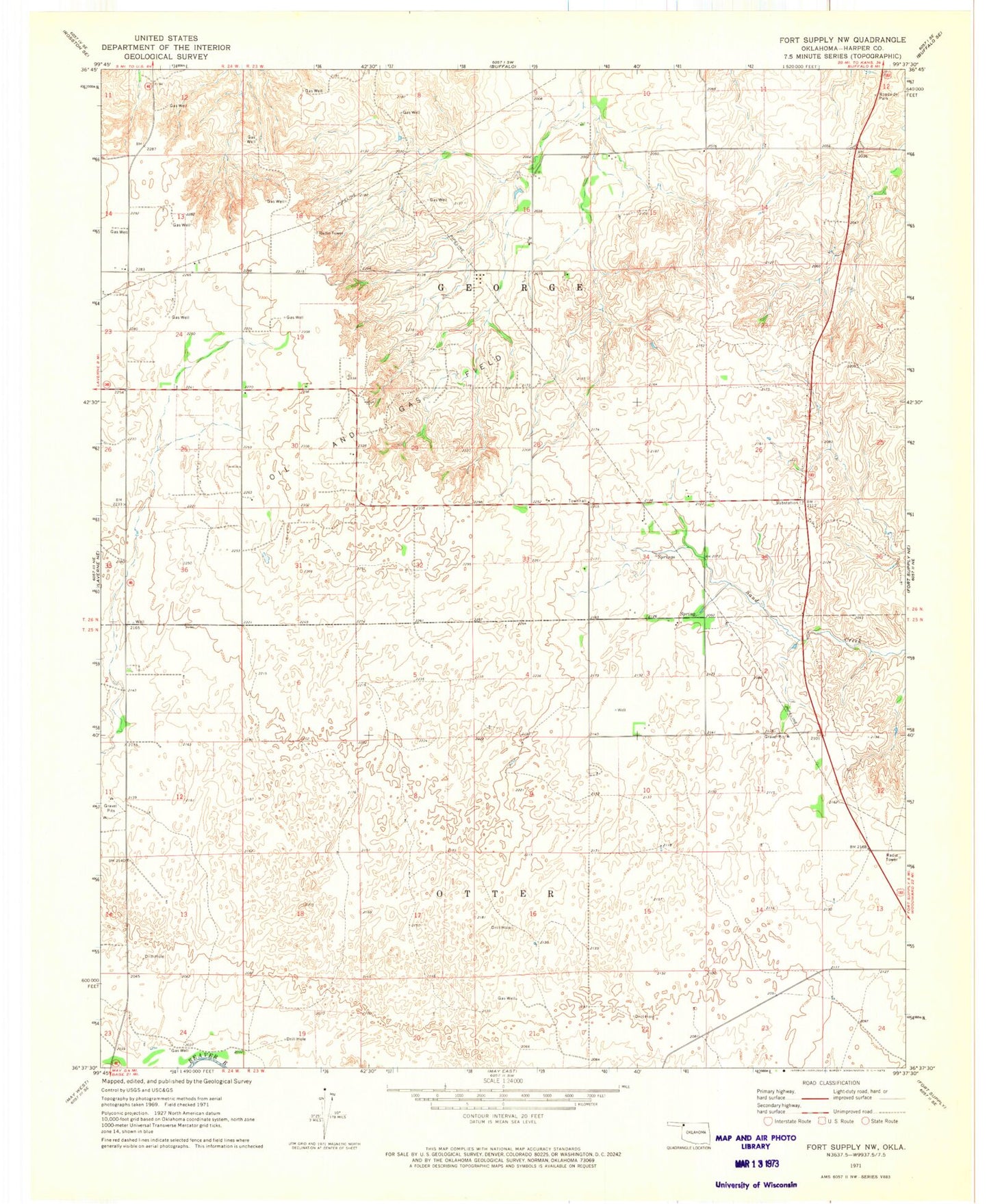 Classic USGS Fort Supply NW Oklahoma 7.5'x7.5' Topo Map Image
