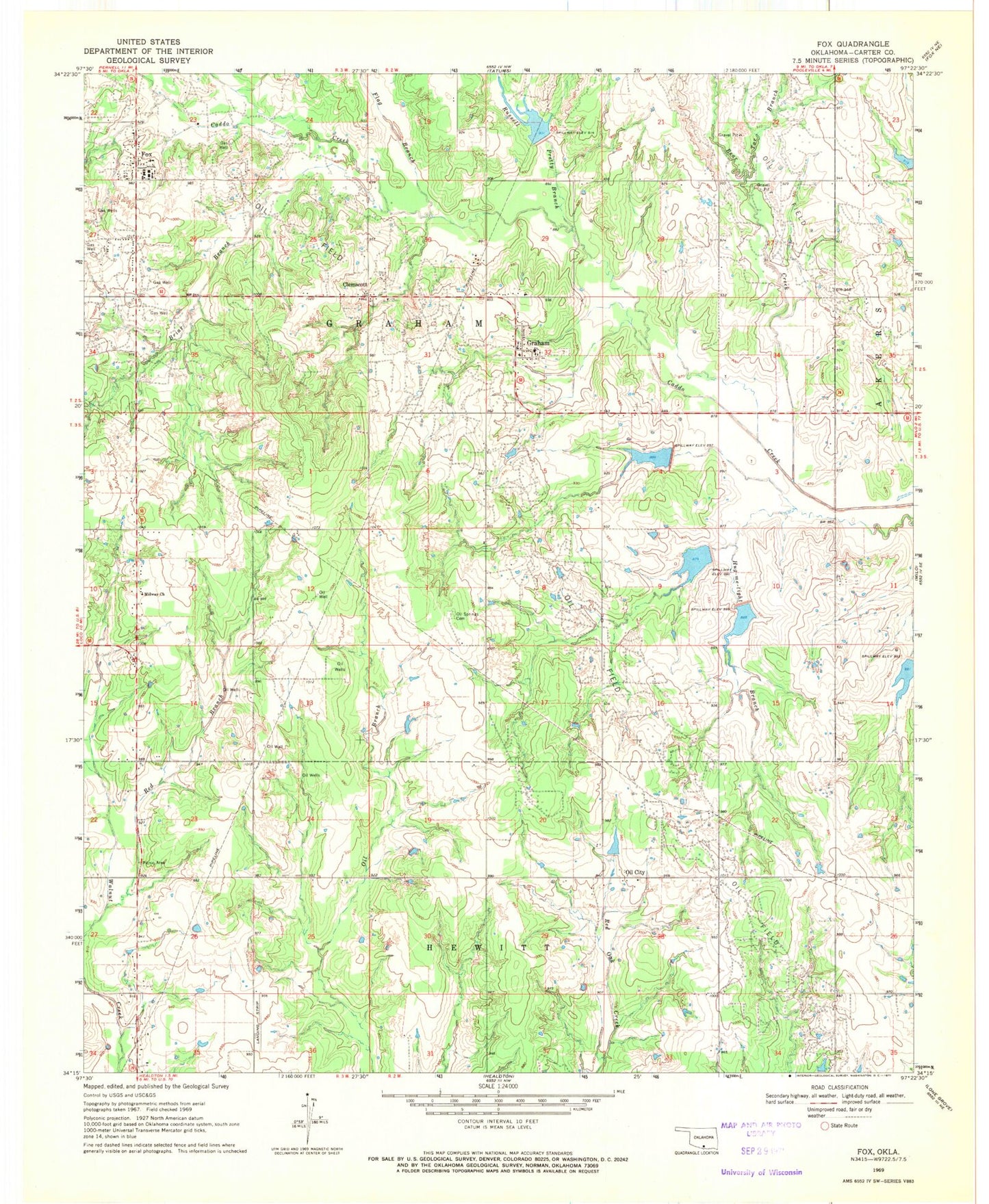 Classic USGS Fox Oklahoma 7.5'x7.5' Topo Map Image