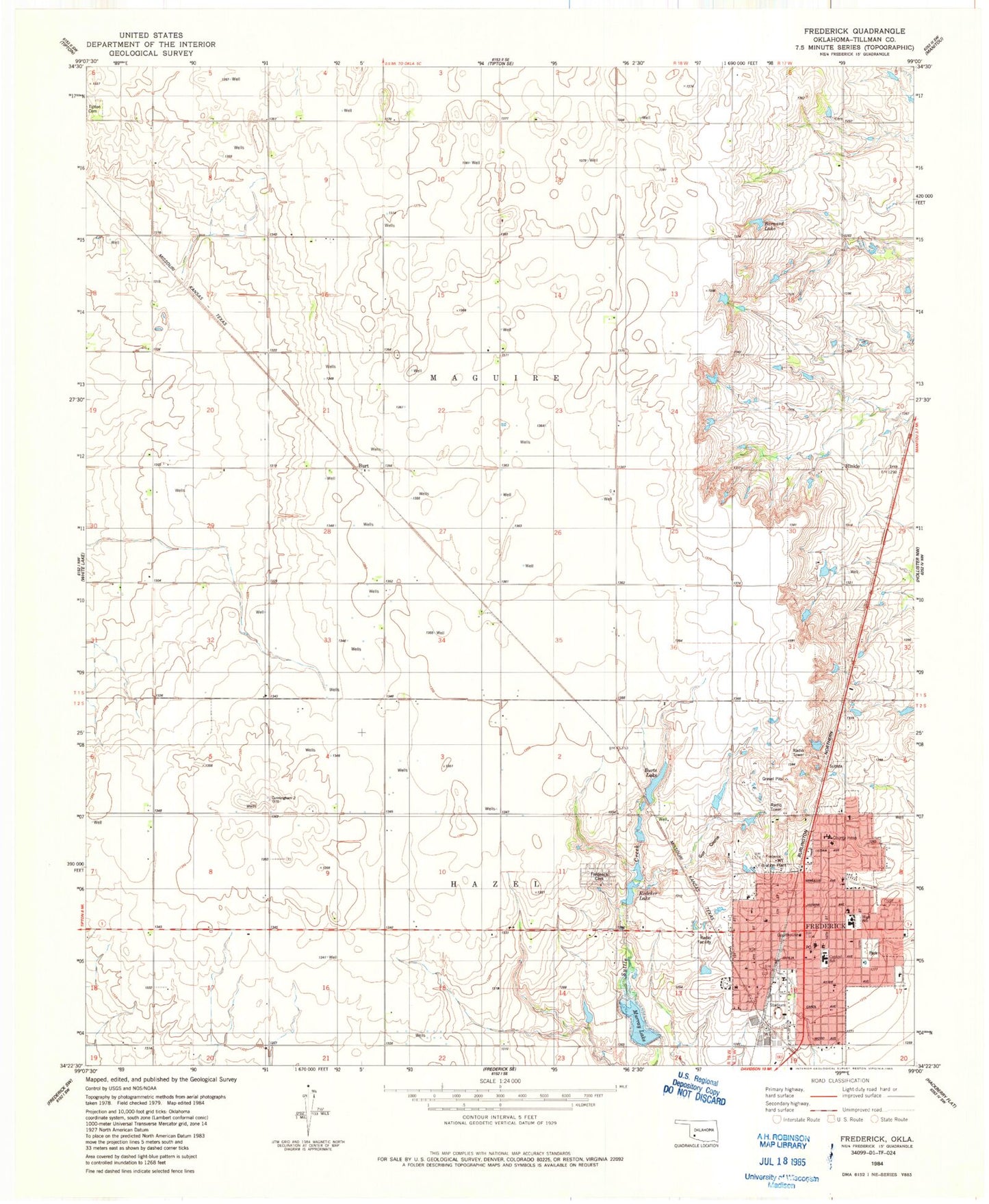 Classic USGS Frederick Oklahoma 7.5'x7.5' Topo Map Image