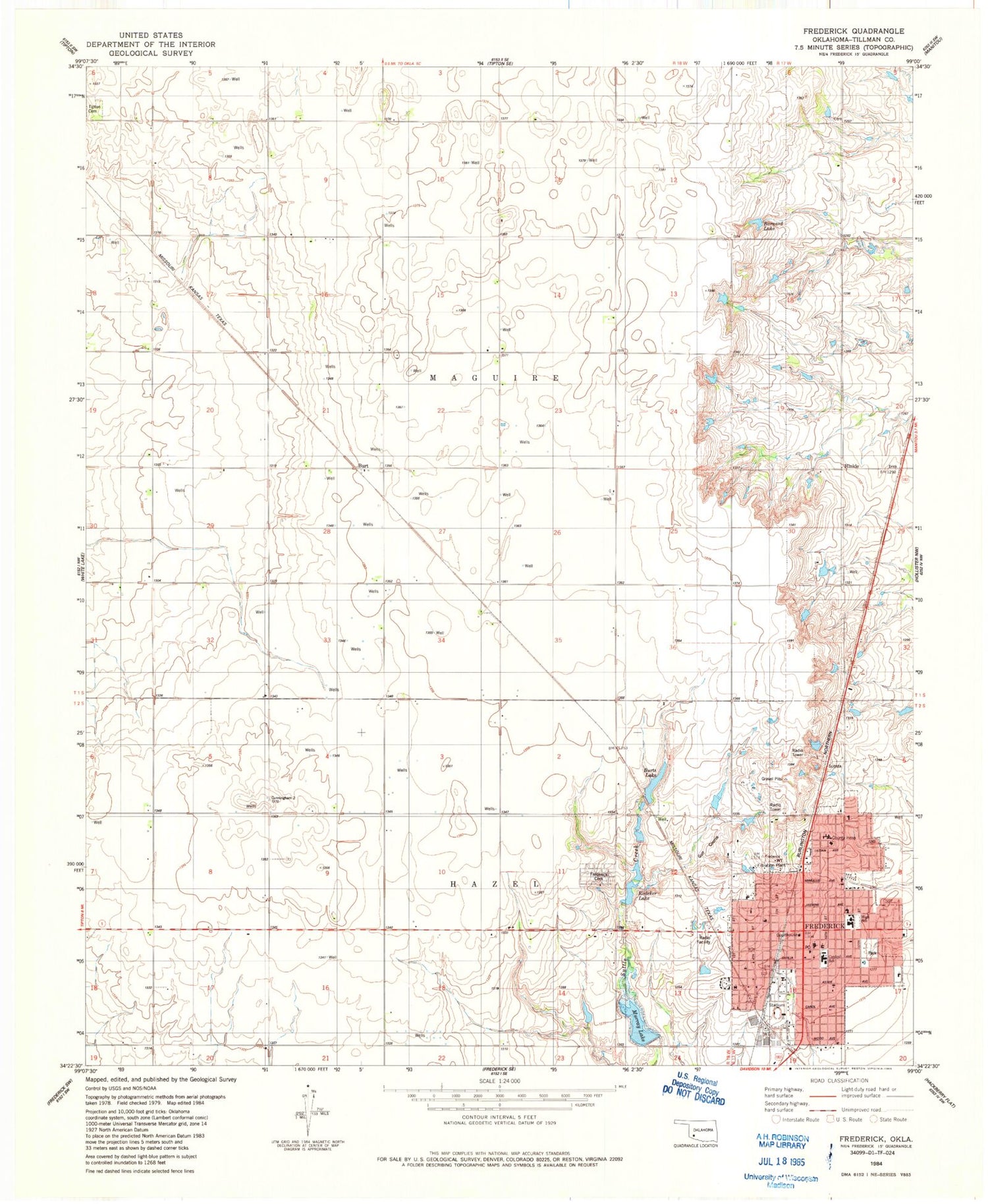 Classic USGS Frederick Oklahoma 7.5'x7.5' Topo Map Image