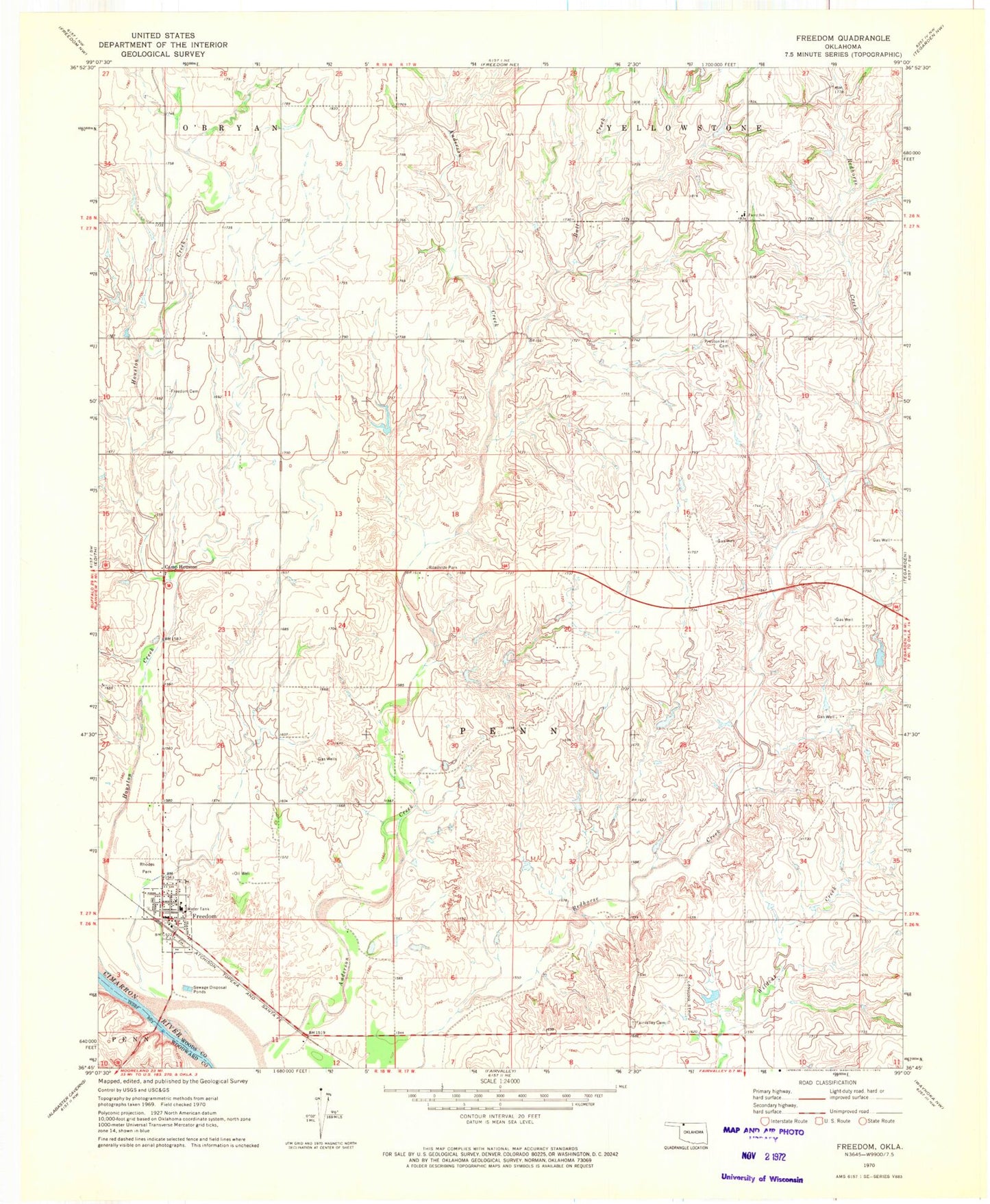Classic USGS Freedom Oklahoma 7.5'x7.5' Topo Map Image