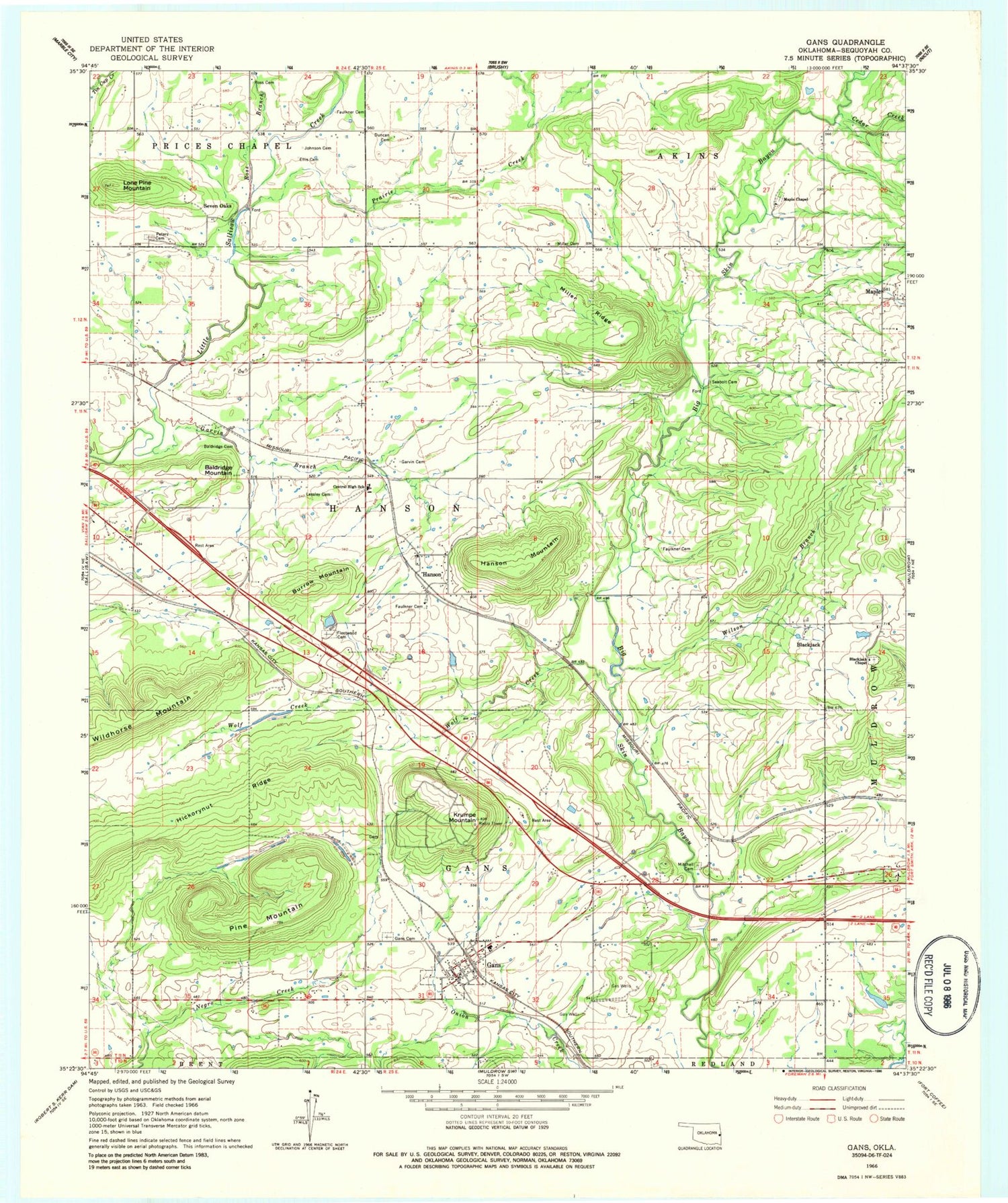 Classic USGS Gans Oklahoma 7.5'x7.5' Topo Map Image