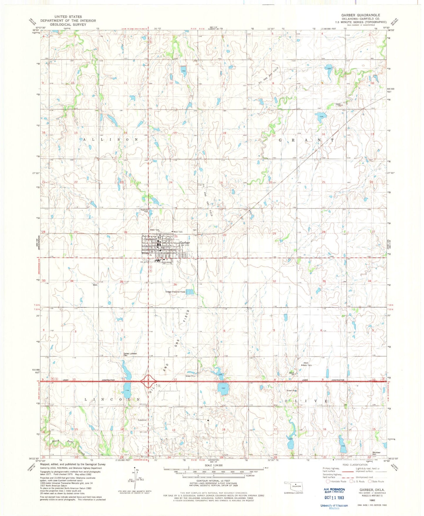 Classic USGS Garber Oklahoma 7.5'x7.5' Topo Map Image