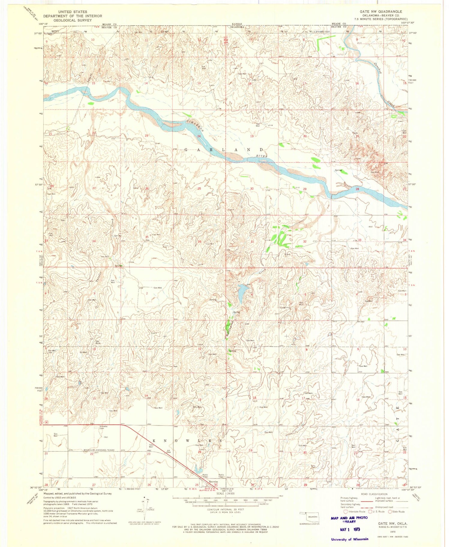 Classic USGS Gate NW Oklahoma 7.5'x7.5' Topo Map Image