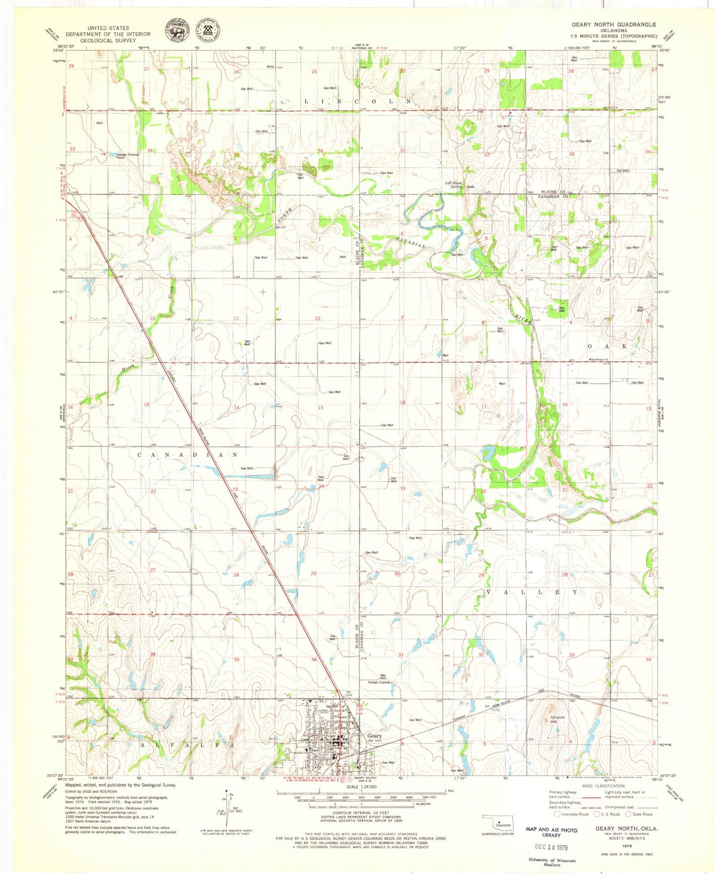 Classic USGS Geary North Oklahoma 7.5'x7.5' Topo Map Image