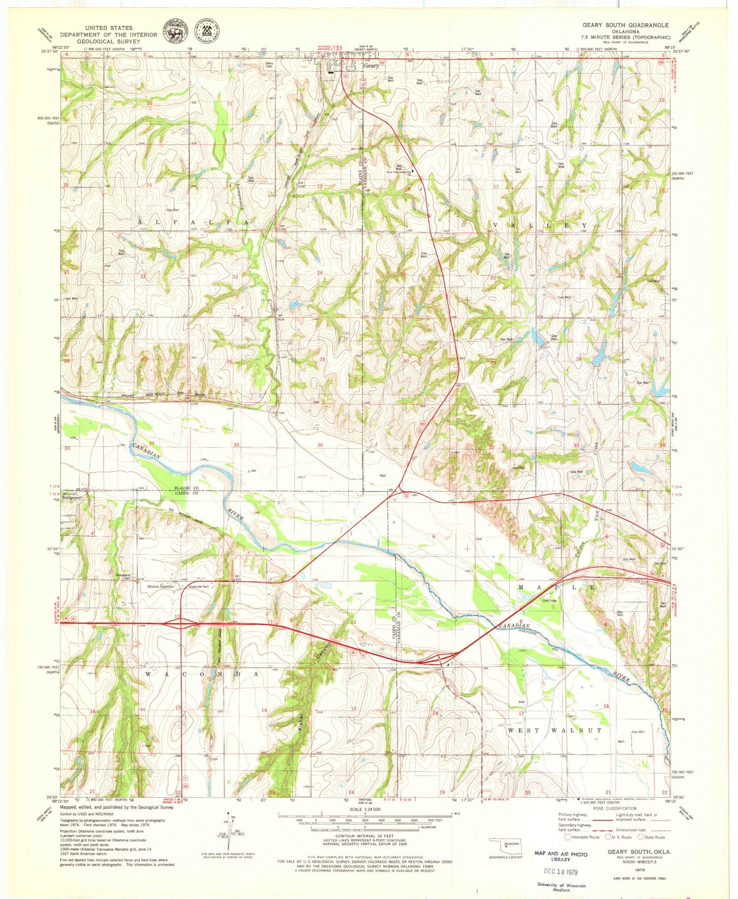 Classic USGS Geary South Oklahoma 7.5'x7.5' Topo Map Image