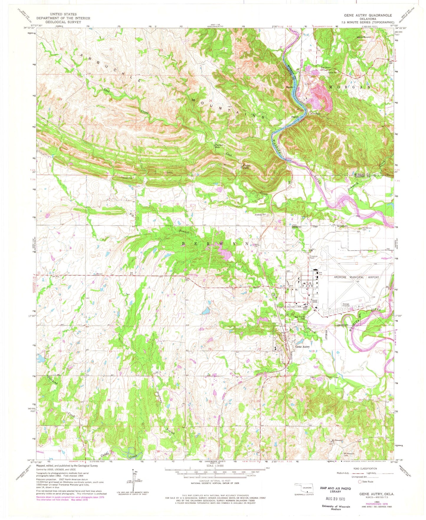 Classic USGS Gene Autry Oklahoma 7.5'x7.5' Topo Map Image