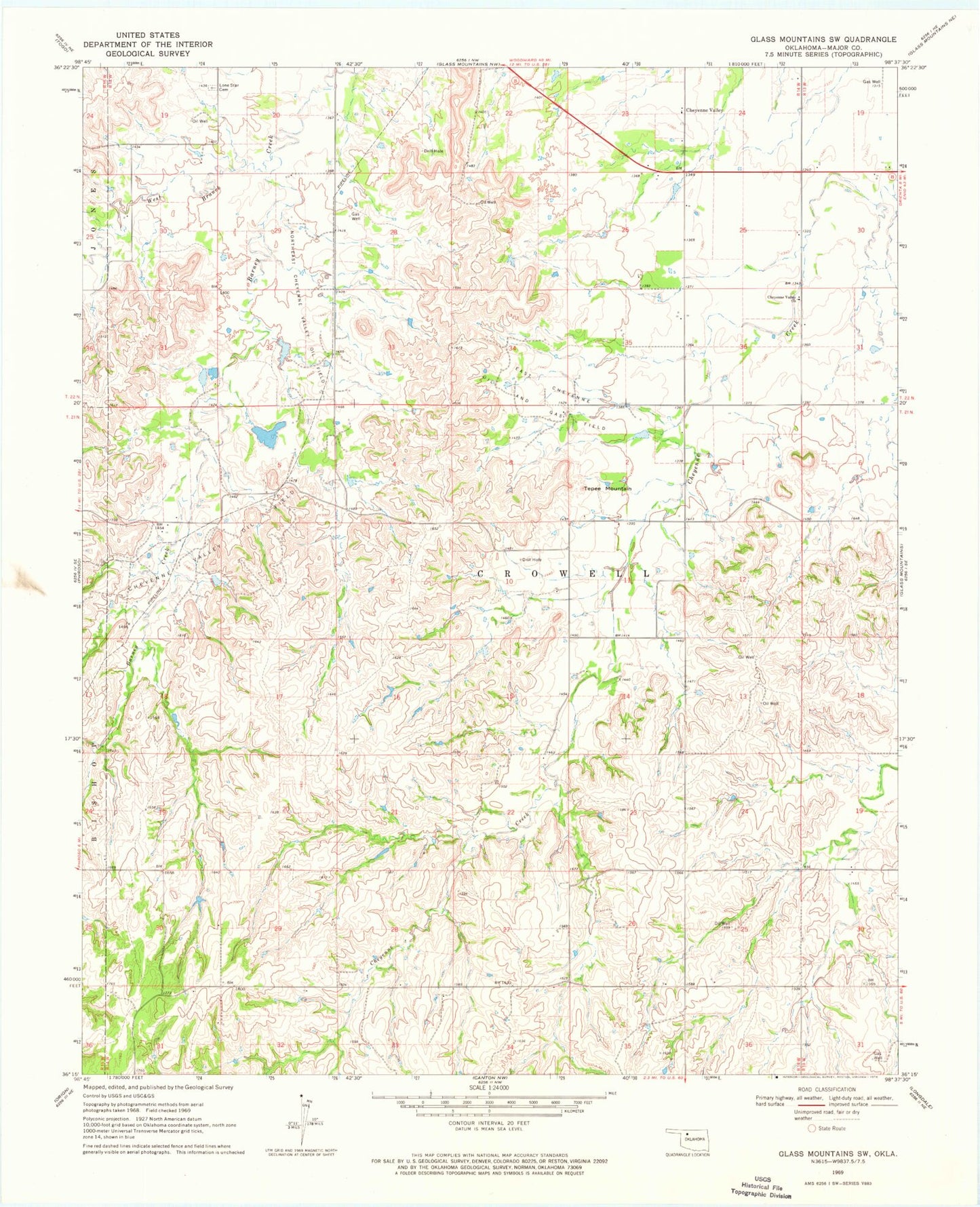 Classic USGS Glass Mountains SW Oklahoma 7.5'x7.5' Topo Map Image
