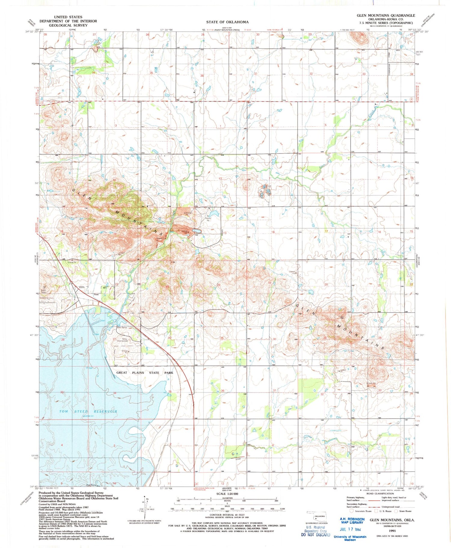 Classic USGS Glen Mountains Oklahoma 7.5'x7.5' Topo Map Image
