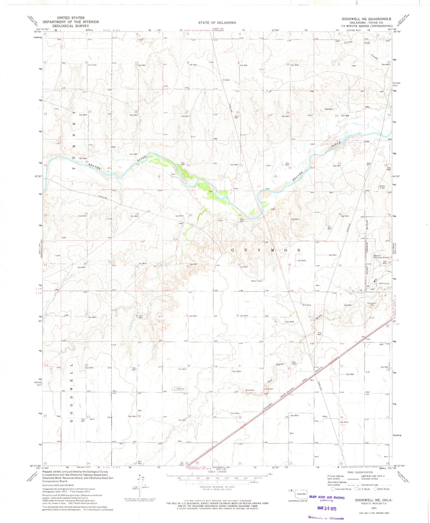 Classic USGS Goodwell NE Oklahoma 7.5'x7.5' Topo Map Image