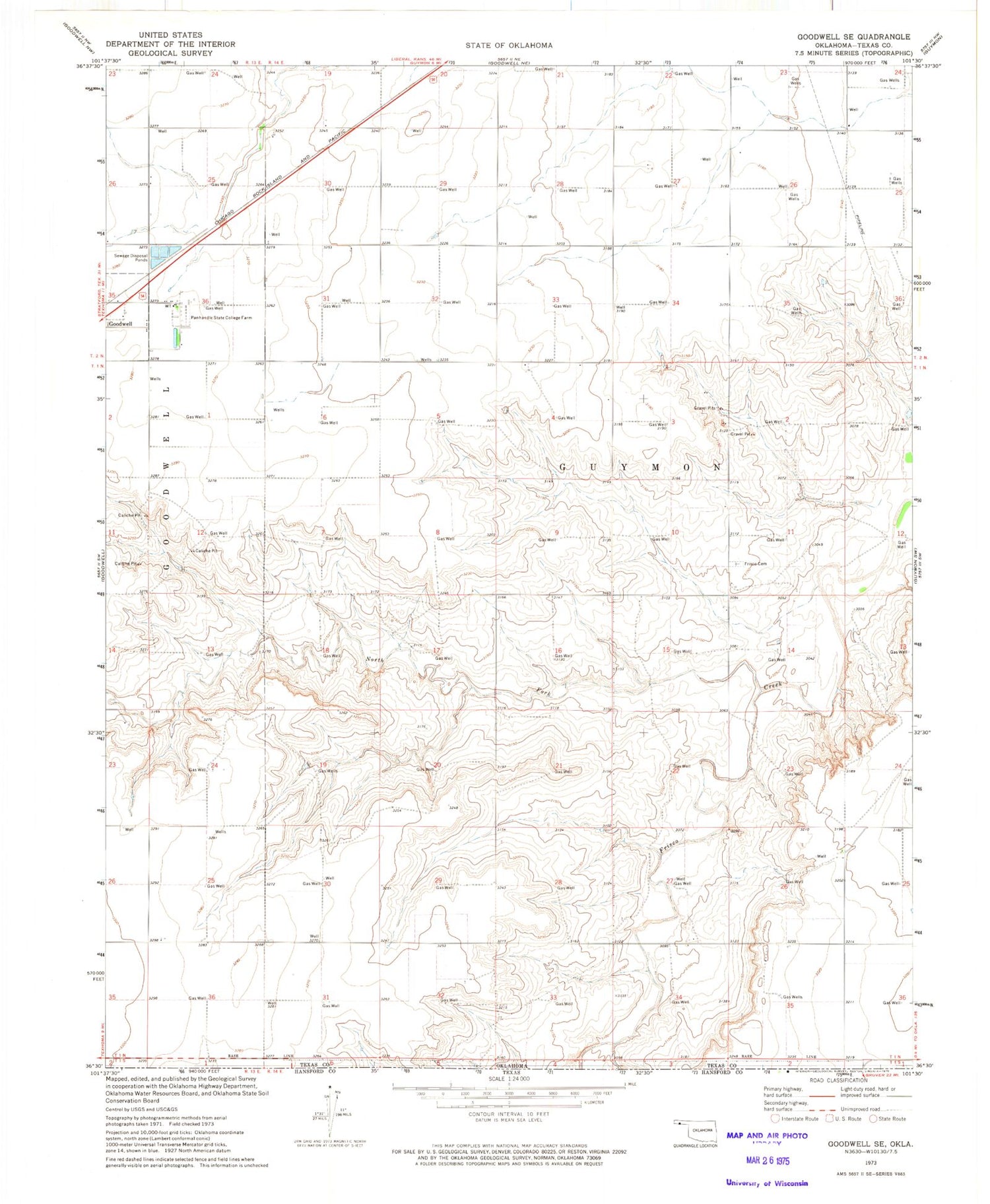Classic USGS Goodwell SE Oklahoma 7.5'x7.5' Topo Map Image