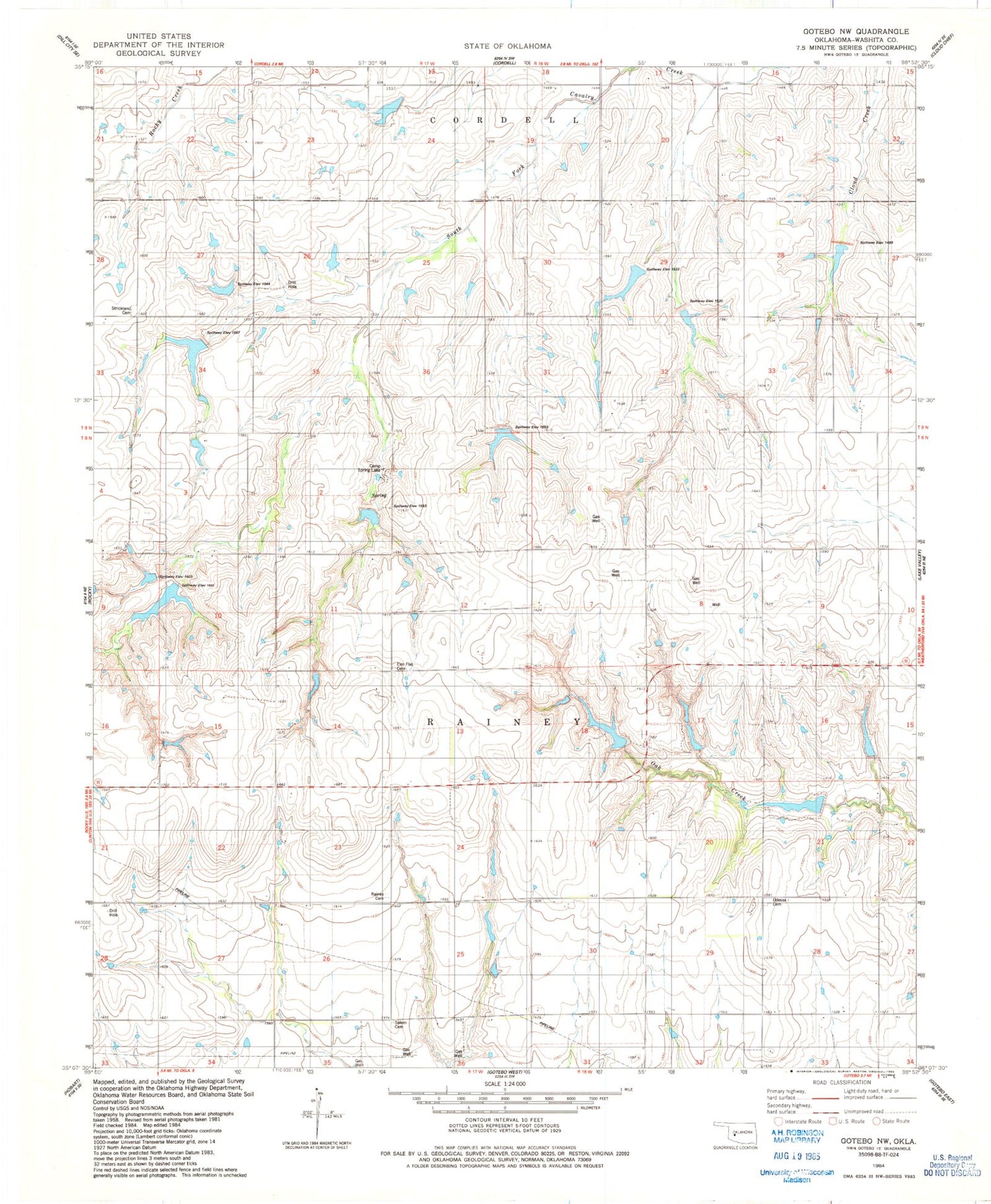 Classic USGS Gotebo NW Oklahoma 7.5'x7.5' Topo Map Image