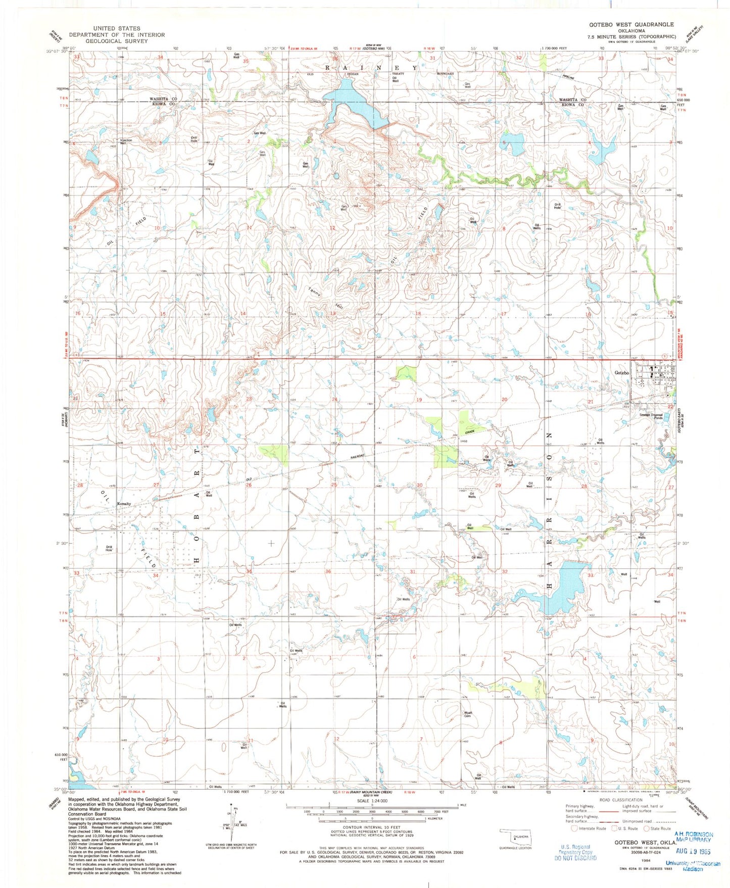 Classic USGS Gotebo West Oklahoma 7.5'x7.5' Topo Map Image