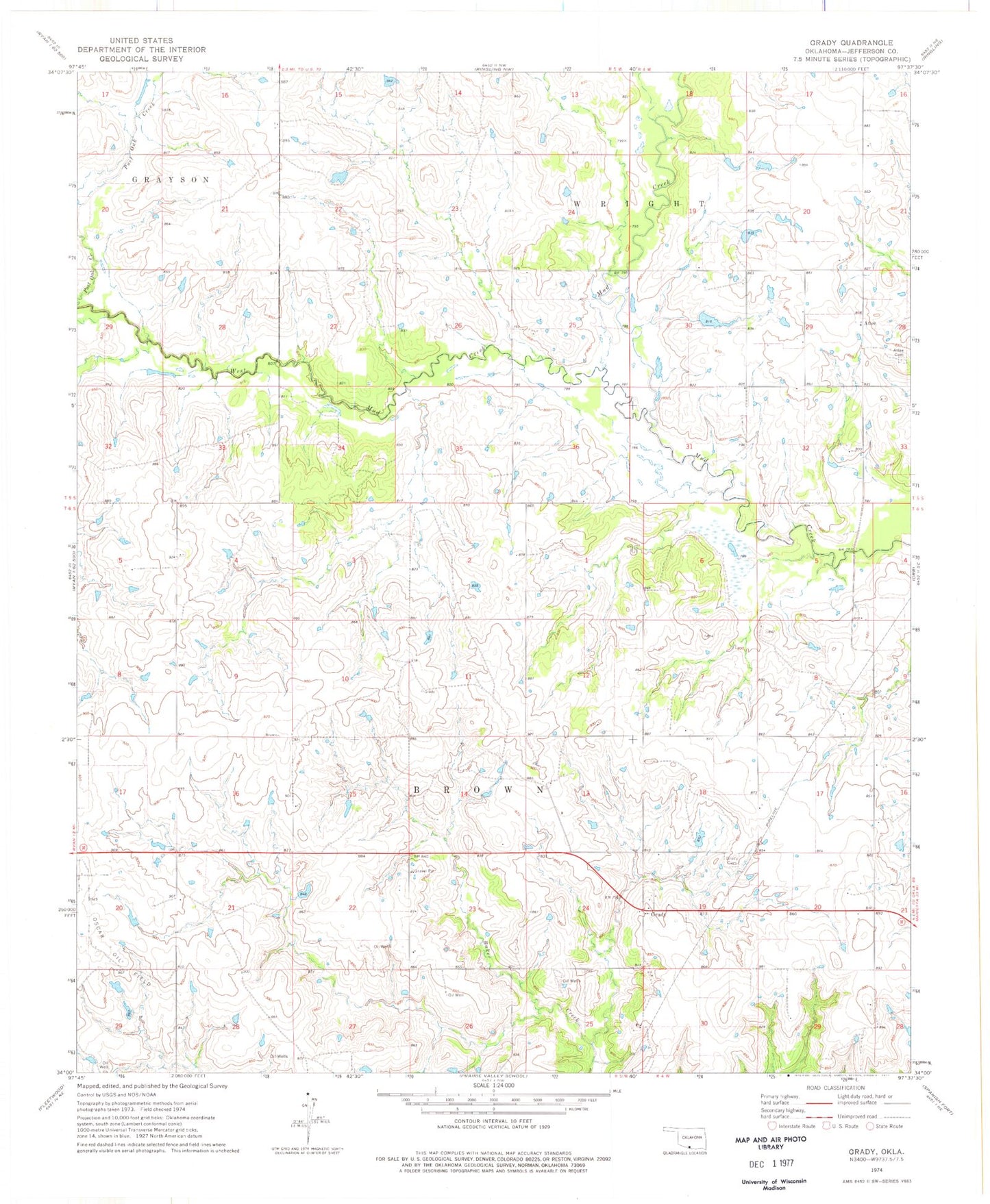 Classic USGS Grady Oklahoma 7.5'x7.5' Topo Map Image