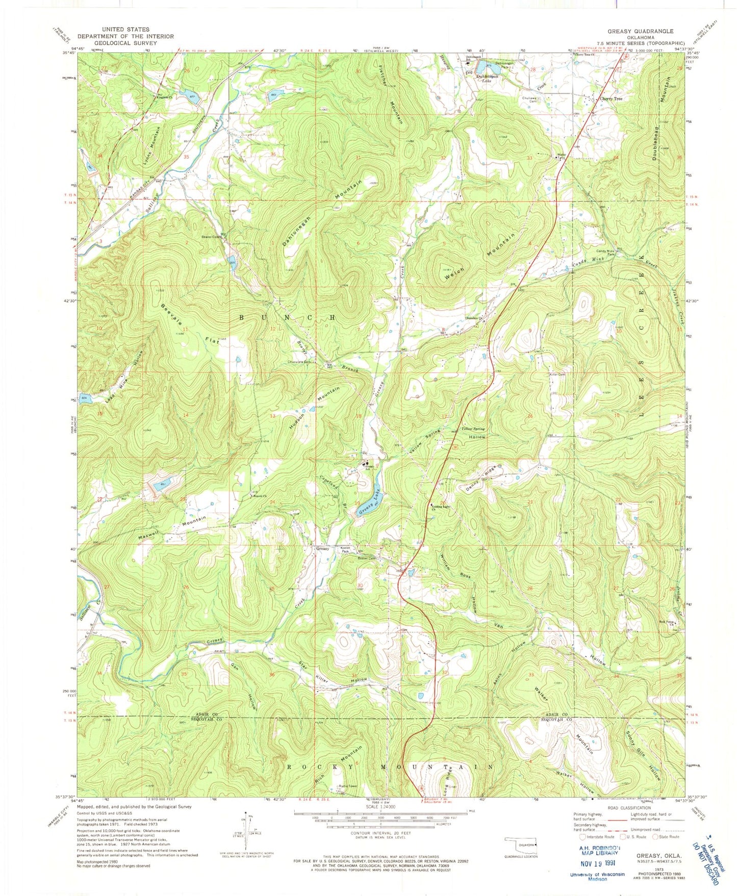 Classic USGS Greasy Oklahoma 7.5'x7.5' Topo Map Image