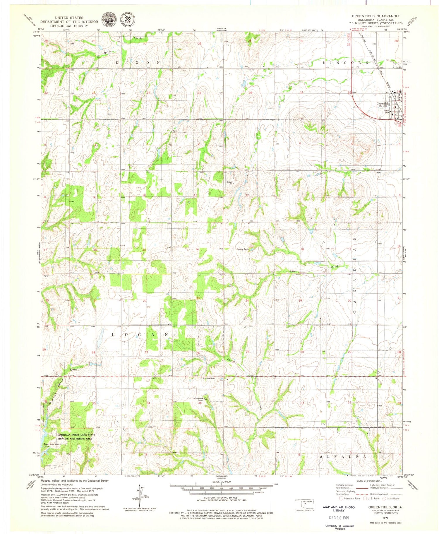 Classic USGS Greenfield Oklahoma 7.5'x7.5' Topo Map Image