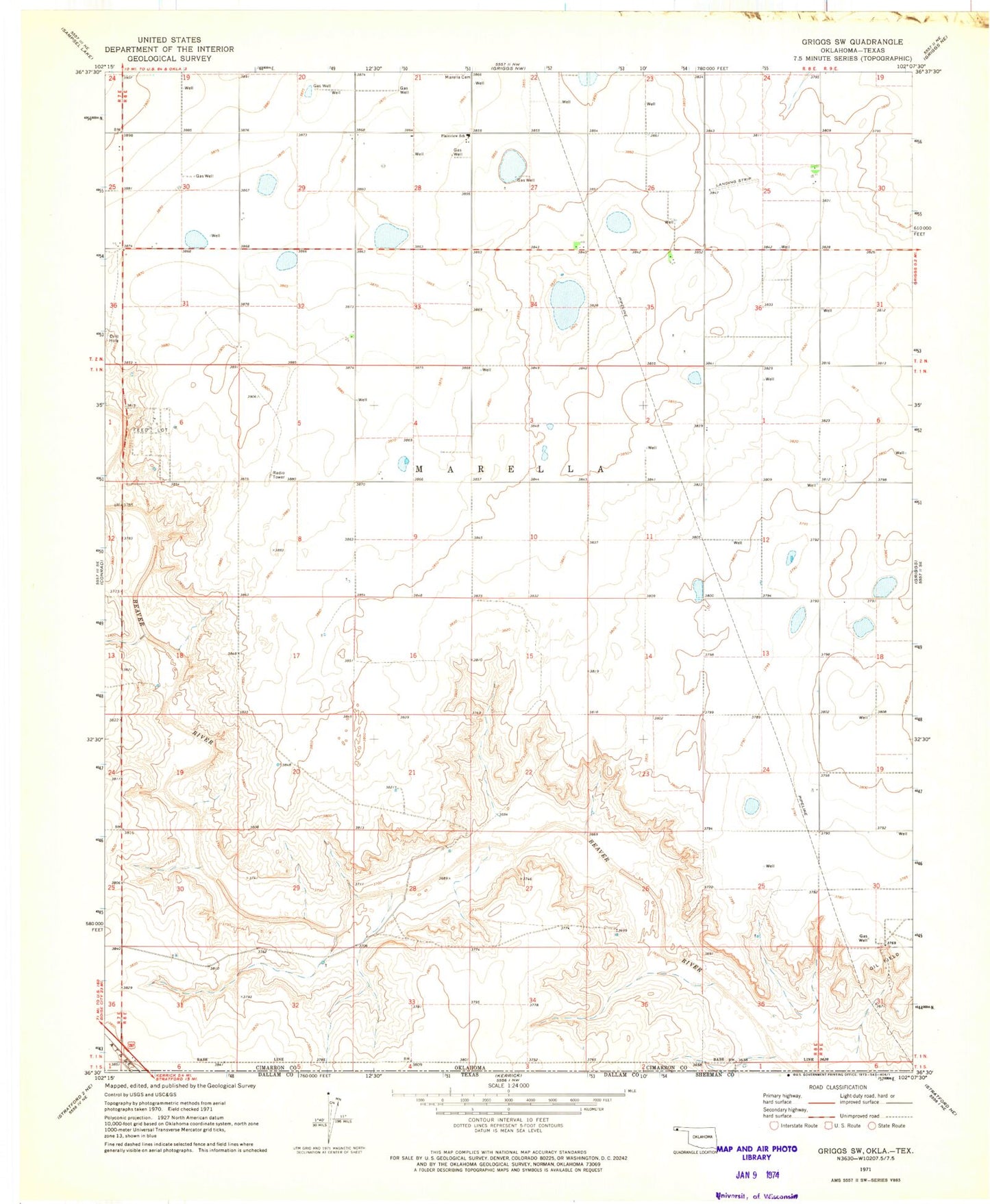 Classic USGS Griggs SW Oklahoma 7.5'x7.5' Topo Map Image