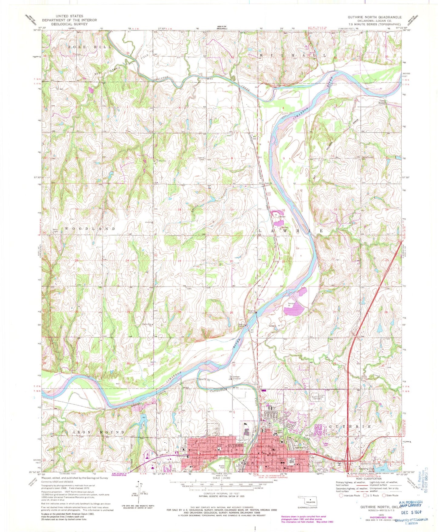 Classic USGS Guthrie North Oklahoma 7.5'x7.5' Topo Map Image