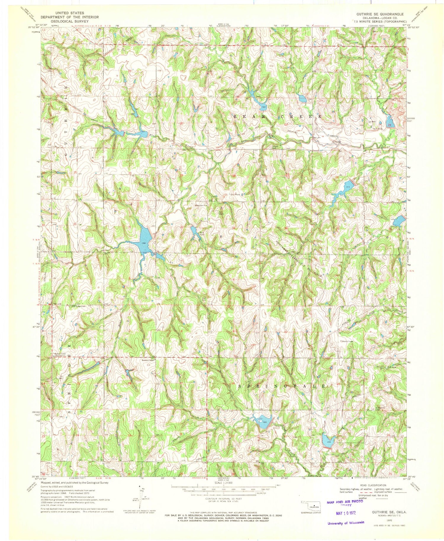 Classic USGS Guthrie SE Oklahoma 7.5'x7.5' Topo Map Image