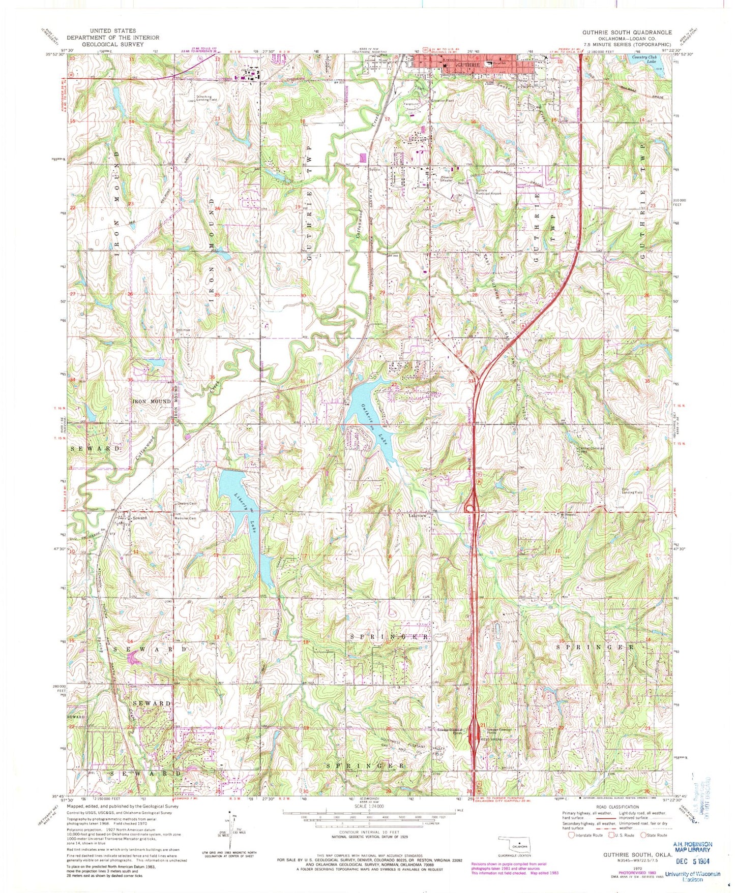Classic USGS Guthrie South Oklahoma 7.5'x7.5' Topo Map Image