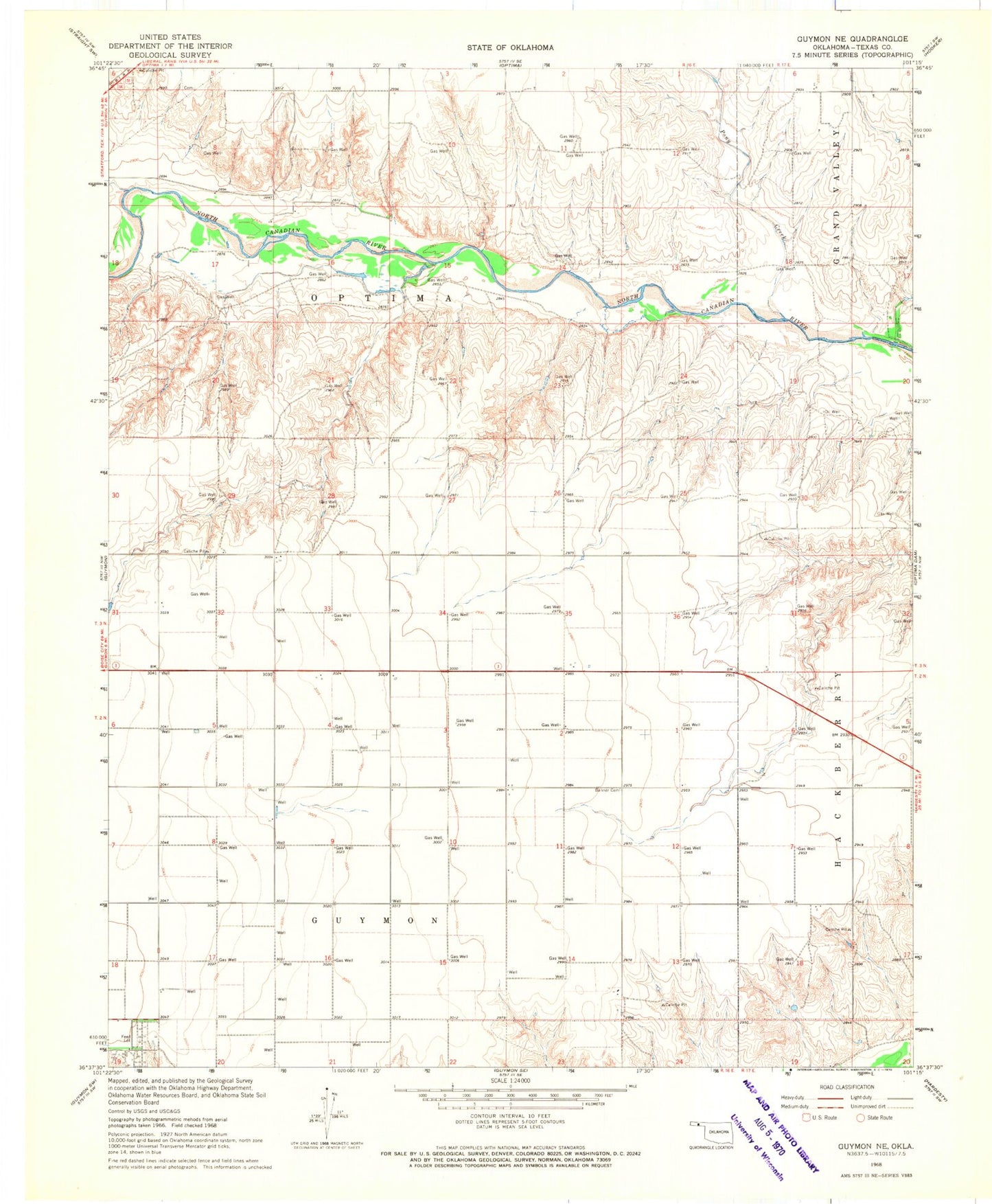 Classic USGS Guymon NE Oklahoma 7.5'x7.5' Topo Map Image
