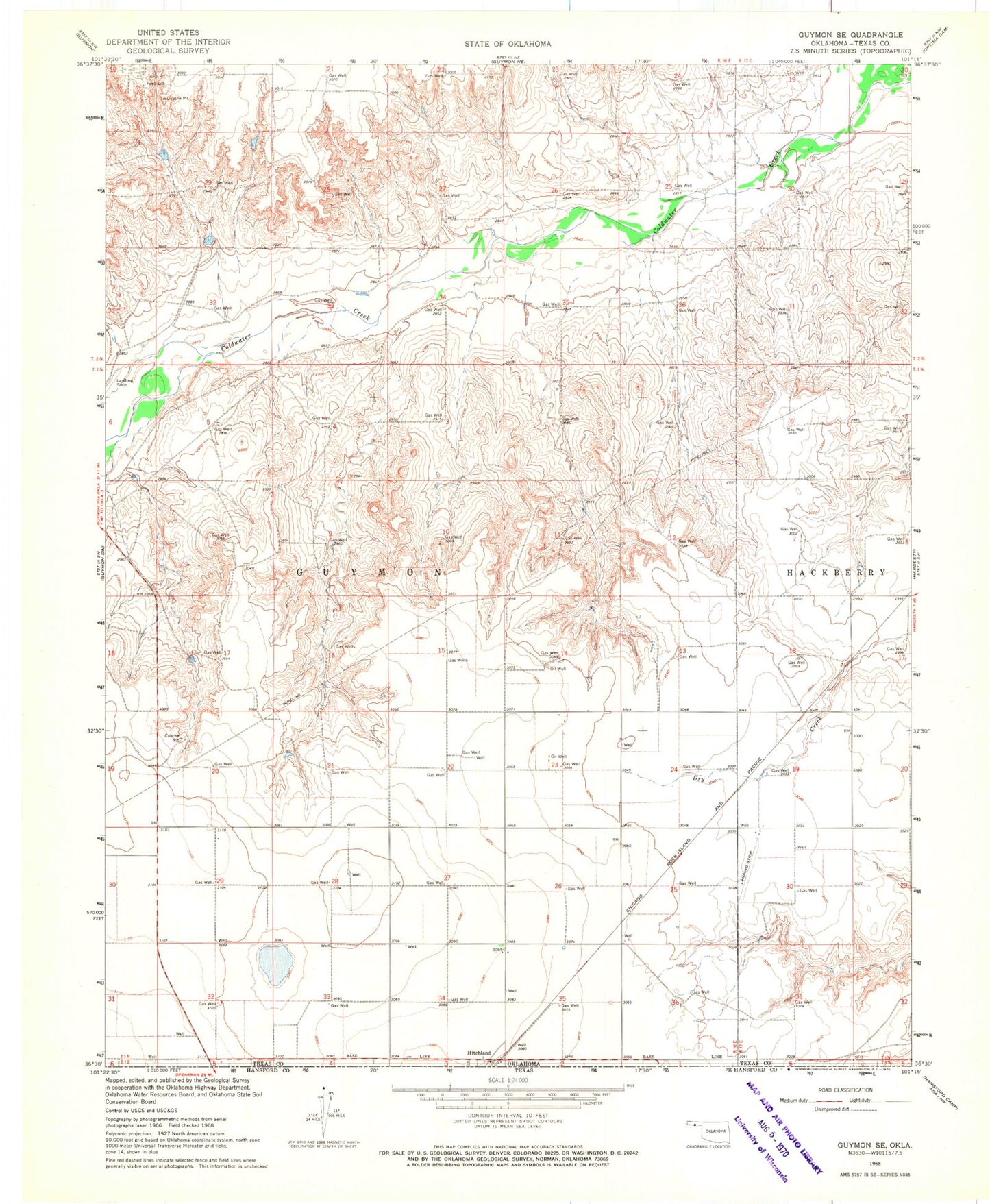 Classic USGS Guymon SE Oklahoma 7.5'x7.5' Topo Map Image