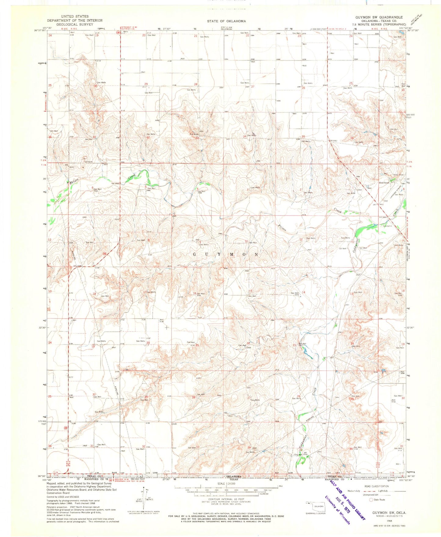 Classic USGS Guymon SW Oklahoma 7.5'x7.5' Topo Map Image