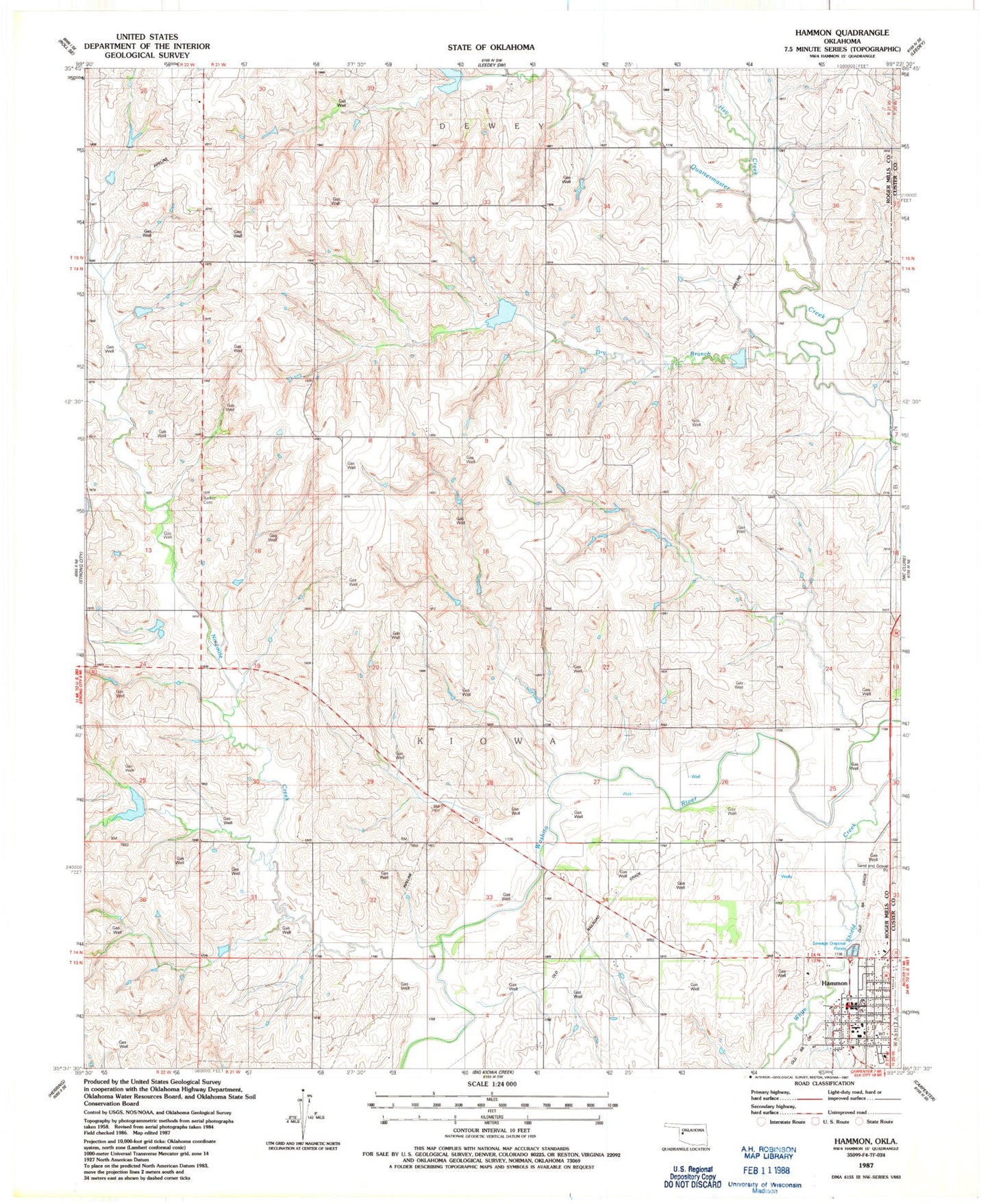 Classic USGS Hammon Oklahoma 7.5'x7.5' Topo Map Image